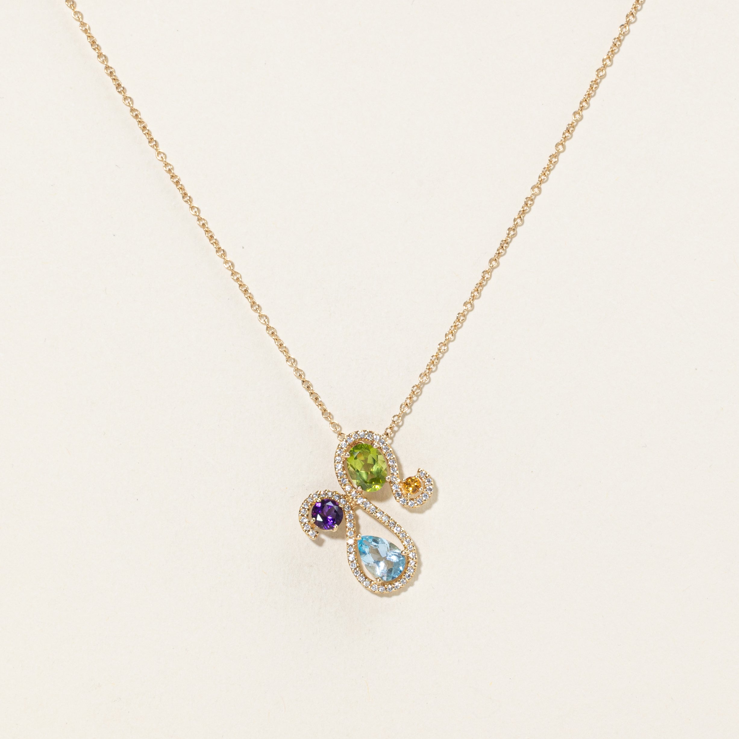 Multi Gem & Diamond Swirl Pendant Necklace | 3.0ctw, 0.35ctw | 16" |