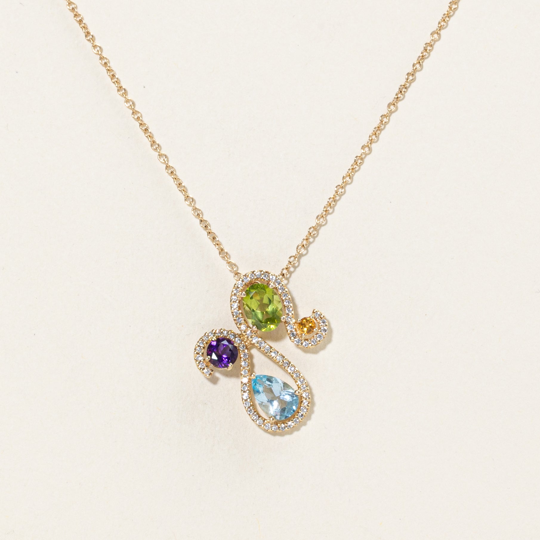 Multi Gem & Diamond Swirl Pendant Necklace | 3.0ctw, 0.35ctw | 16" |