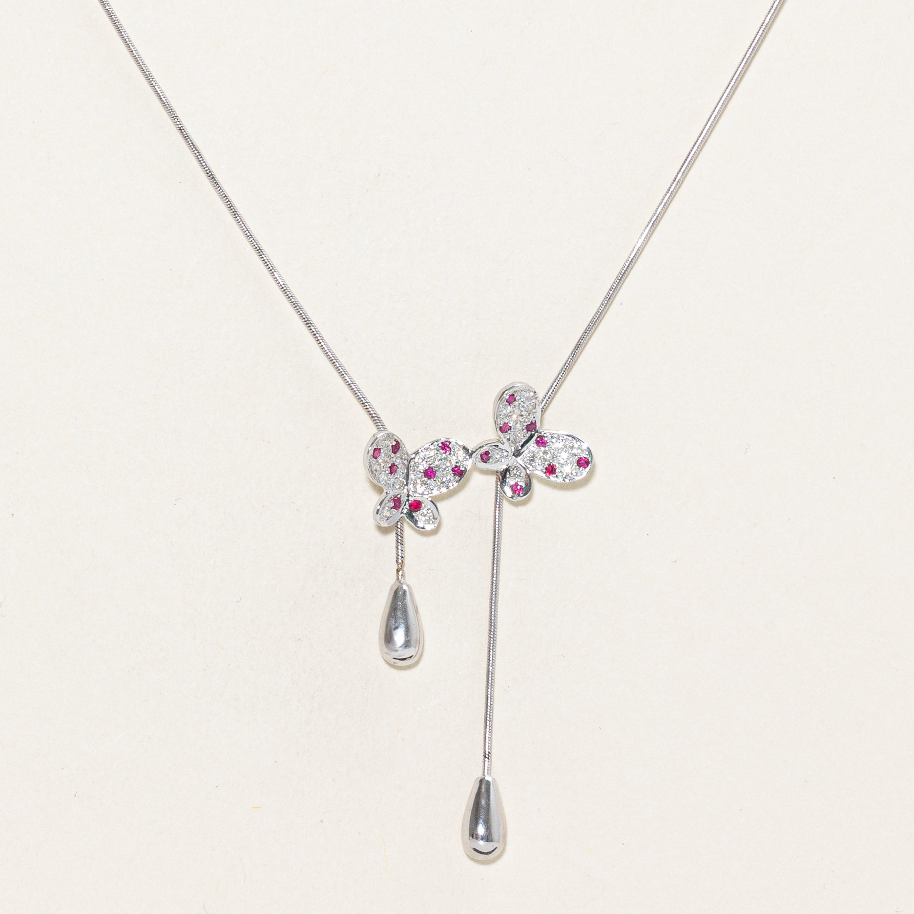 Ruby & Diamond Butterfly Lariat Necklace | 0.16ctw, 0.22ctw | 18" |
