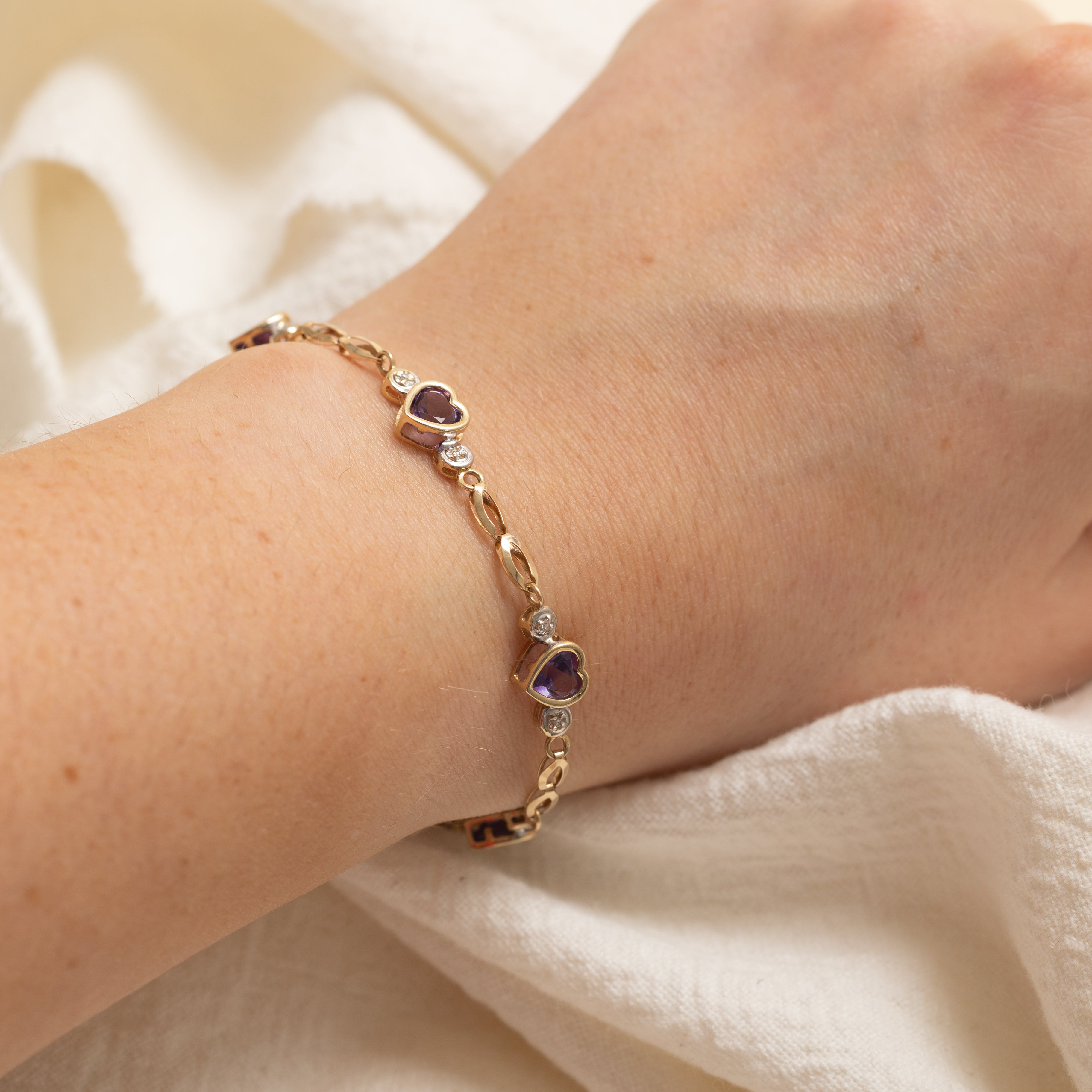 Bezel Set Heart Cut Amethyst & Diamond Gemstone Bracelet | 3.25ctw, 0.05ctw | 6.75" |