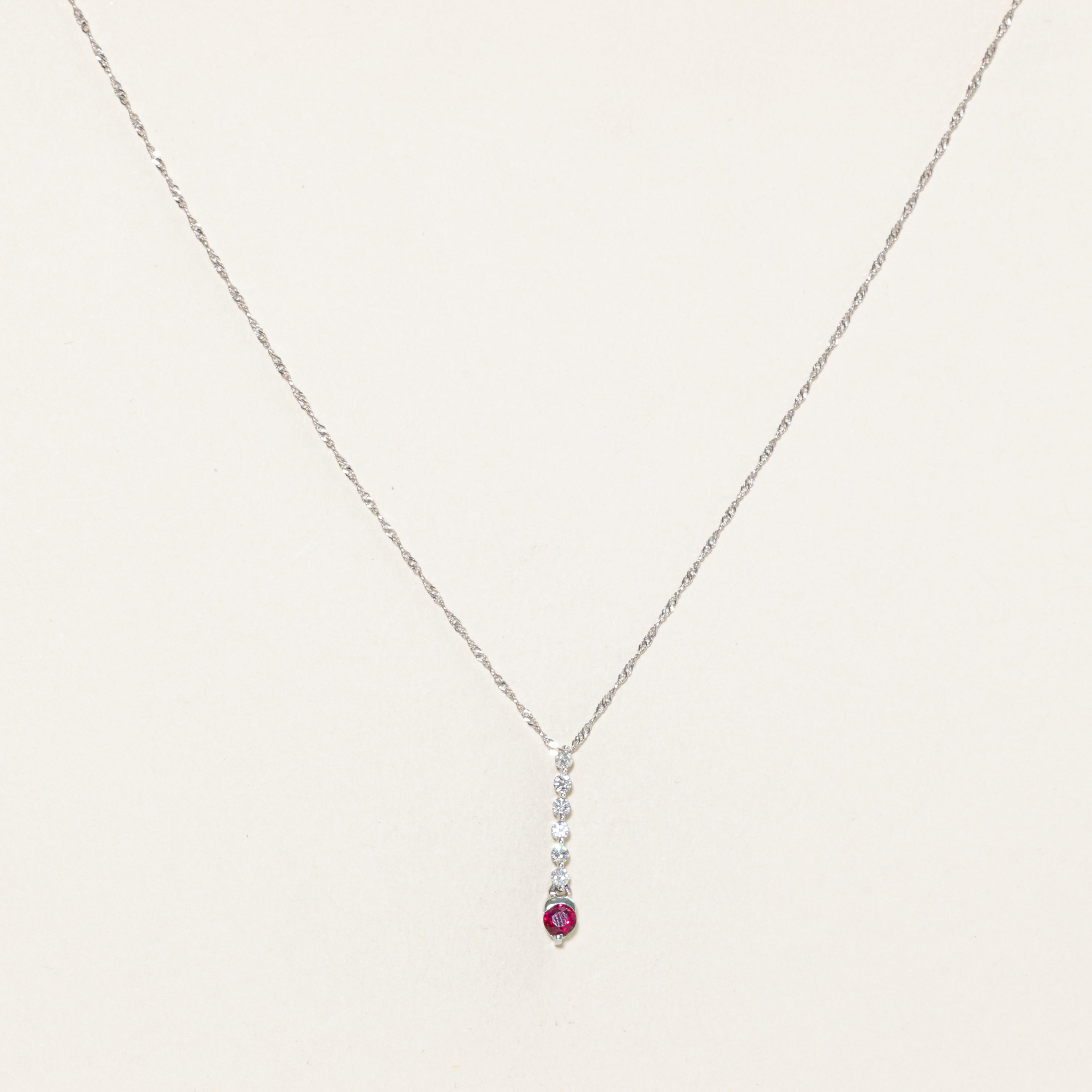 Synthetic Ruby & Diamond Drop Pendant Necklace | 0.25ct, 0.21ctw | 17" |
