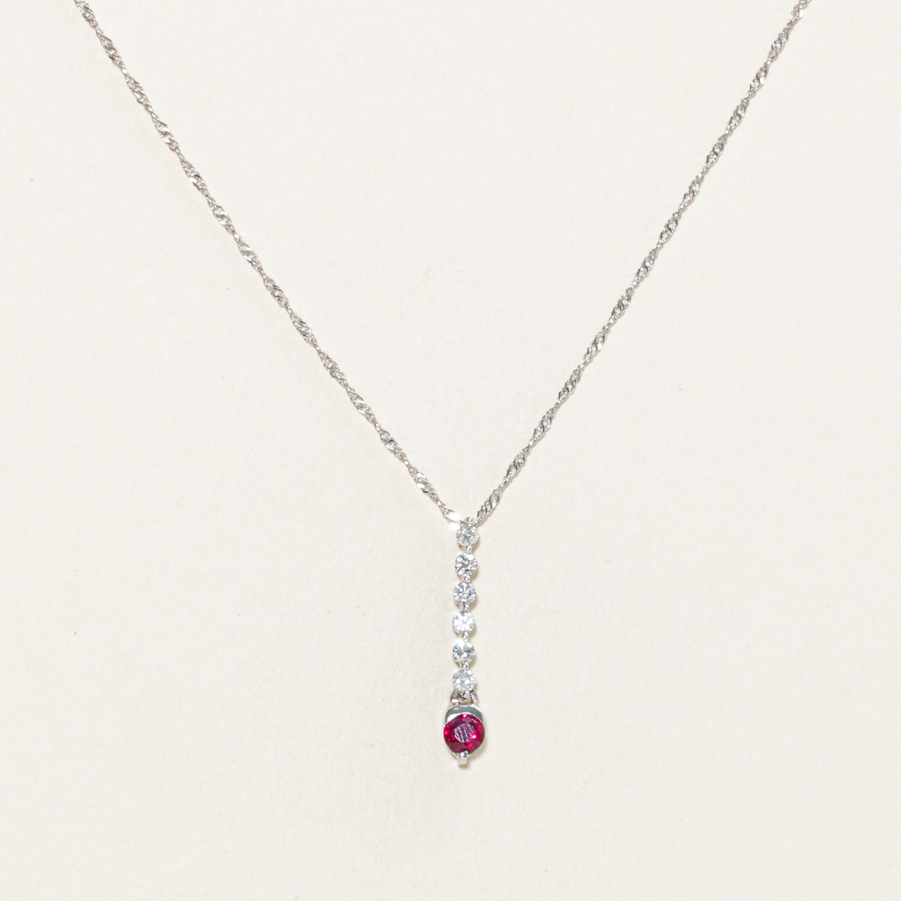 Synthetic Ruby & Diamond Drop Pendant Necklace | 0.25ct, 0.21ctw | 17" |