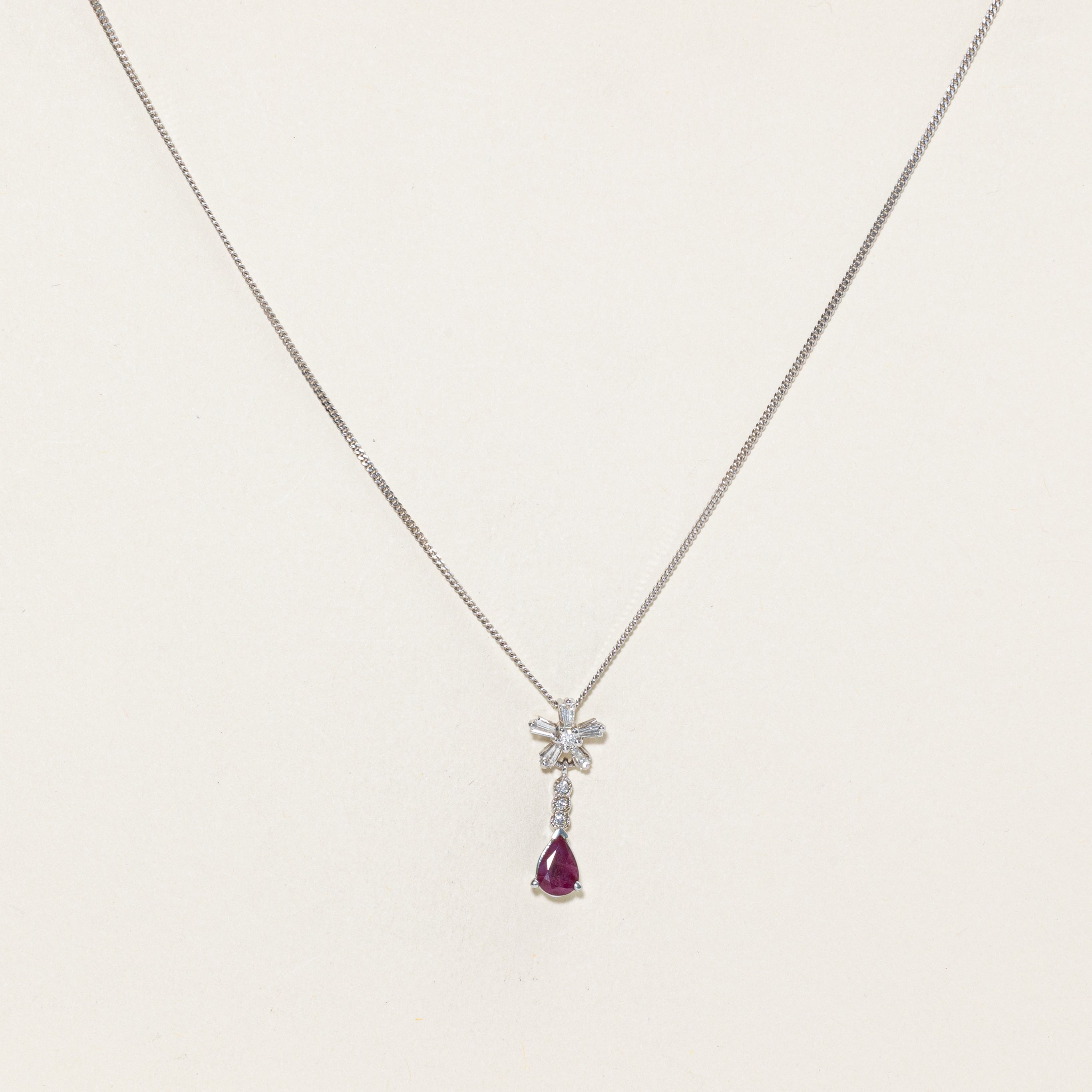 Ruby & Diamond Flower Drop Pendant Necklace | 0.9ct, 0.25ctw | 18" |
