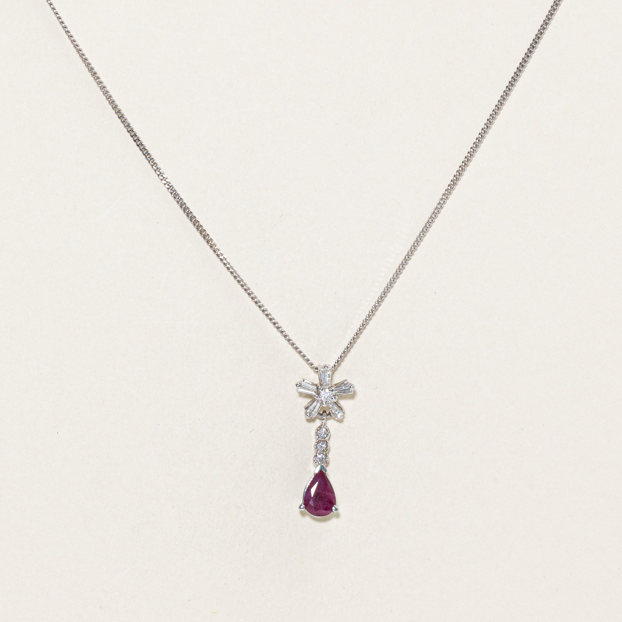 Ruby & Diamond Flower Drop Pendant Necklace | 0.9ct, 0.25ctw | 18" |