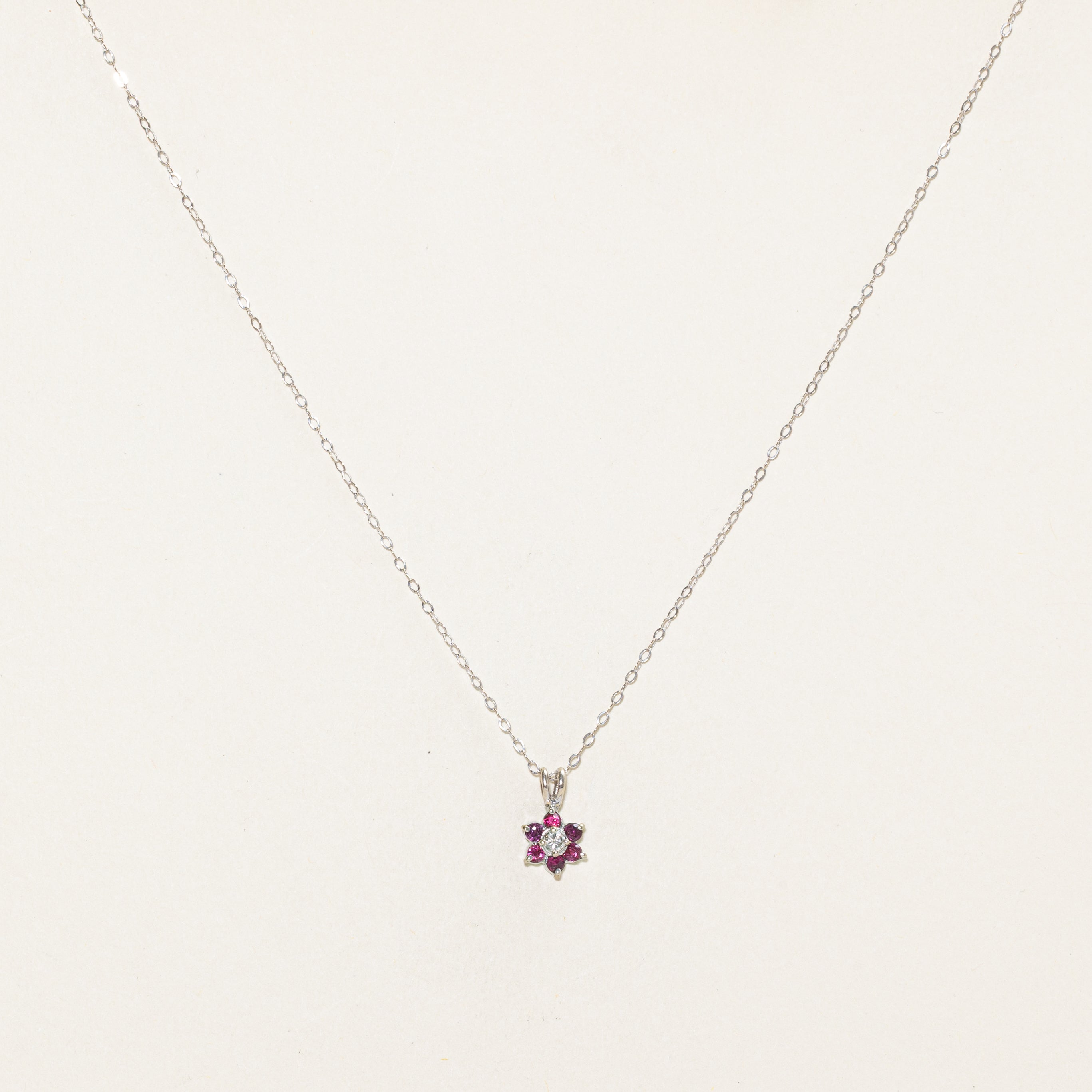 Diamond & Ruby Petal Pendant Necklace | 0.07ct, 0.3ctw | 17" |