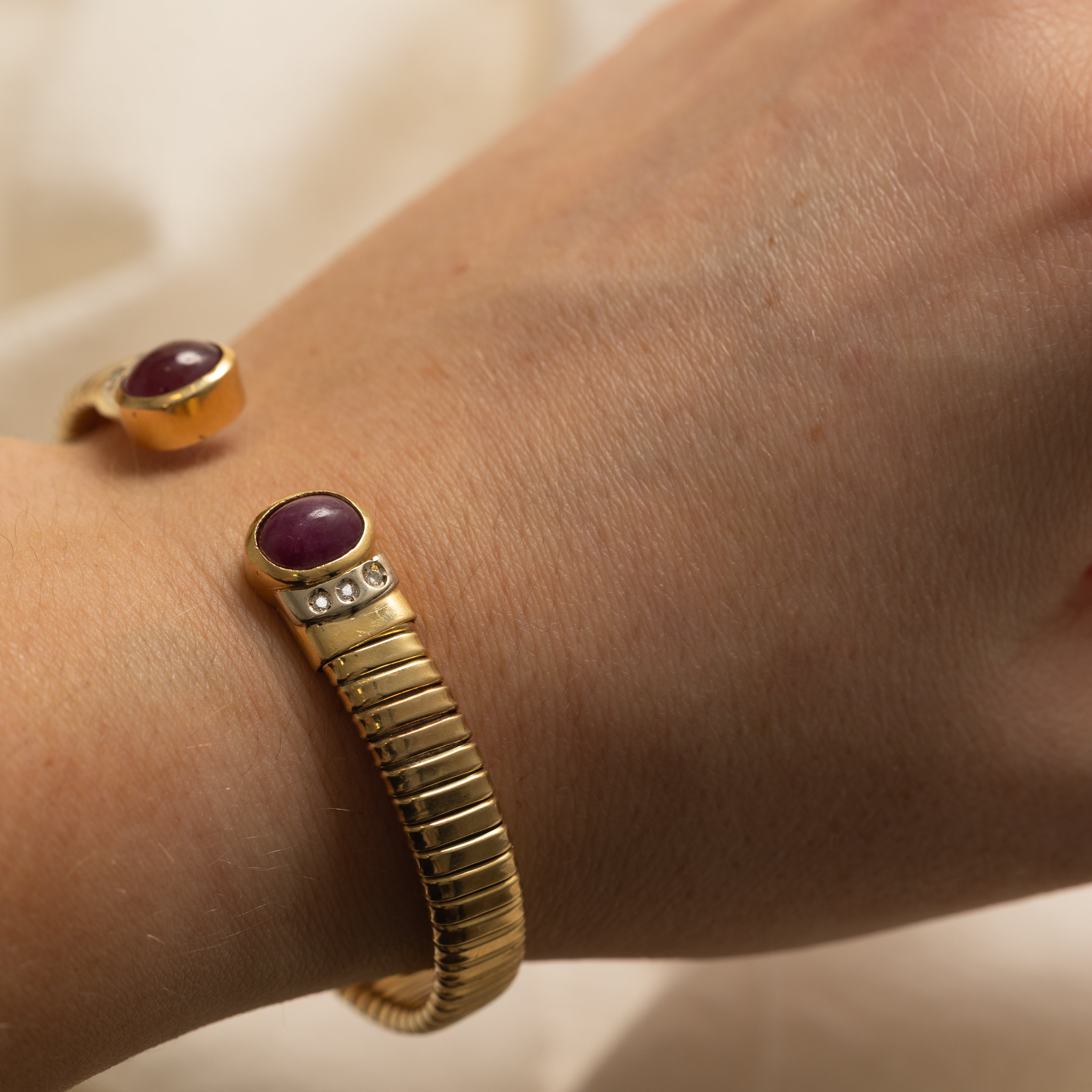 Bezel Set Ruby & Diamond Cuff Bracelet | 5.0ctw, 0.06ctw | 7" |