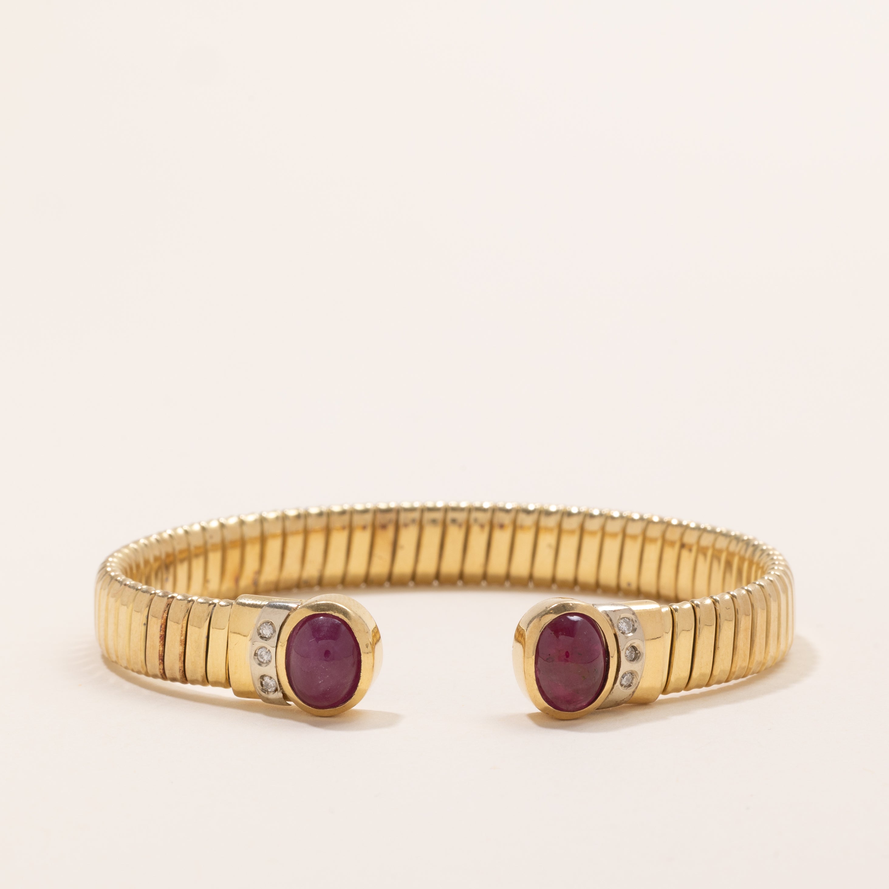 Bezel Set Ruby & Diamond Cuff Bracelet | 5.0ctw, 0.06ctw | 7" |