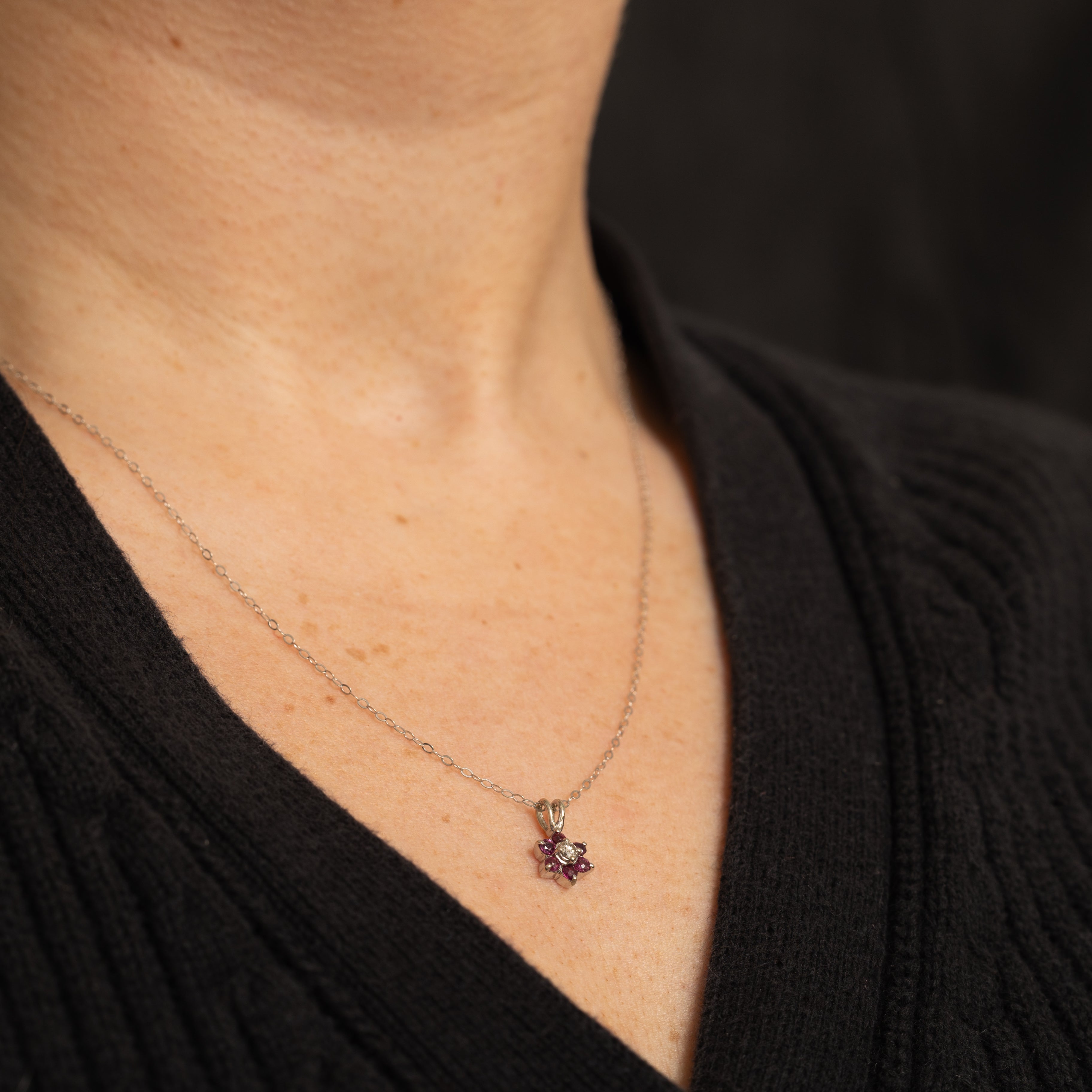 Diamond & Ruby Petal Pendant Necklace | 0.07ct, 0.3ctw | 17" |