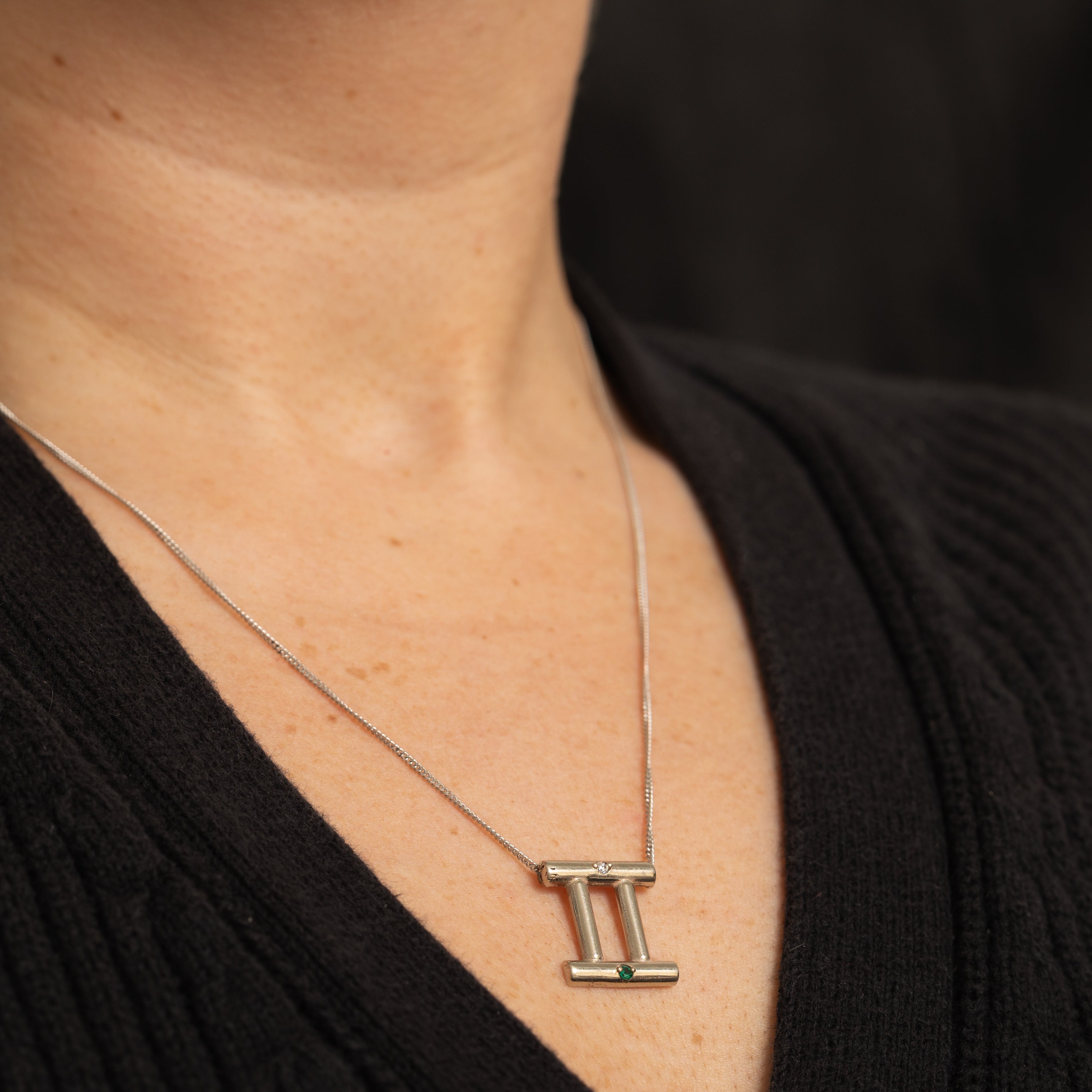 Synthetic Emerald & Diamond Roman Numeral Pendant Necklace | 0.03ct, 0.03ct | 20" |