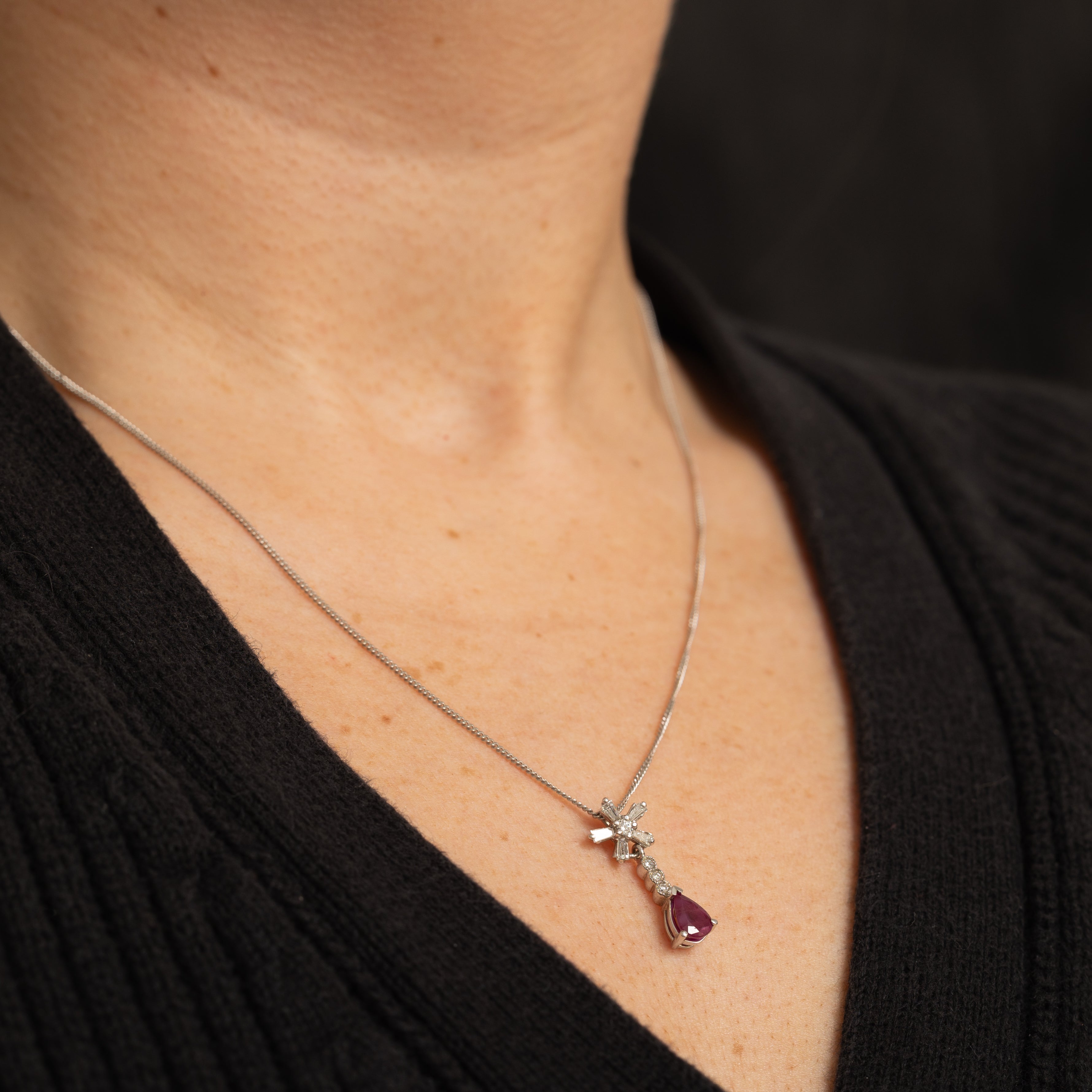 Ruby & Diamond Flower Drop Pendant Necklace | 0.9ct, 0.25ctw | 18" |