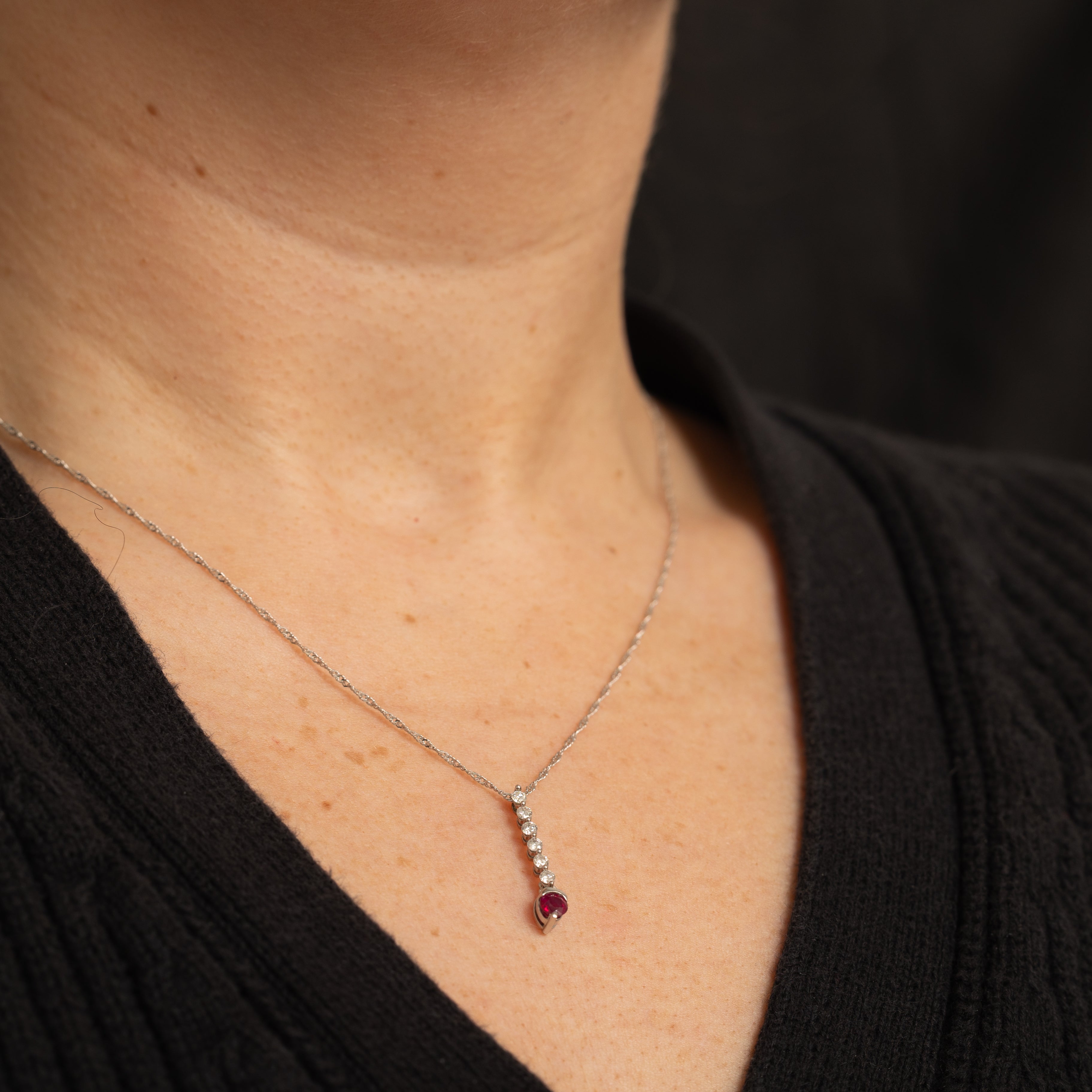 Synthetic Ruby & Diamond Drop Pendant Necklace | 0.25ct, 0.21ctw | 17" |