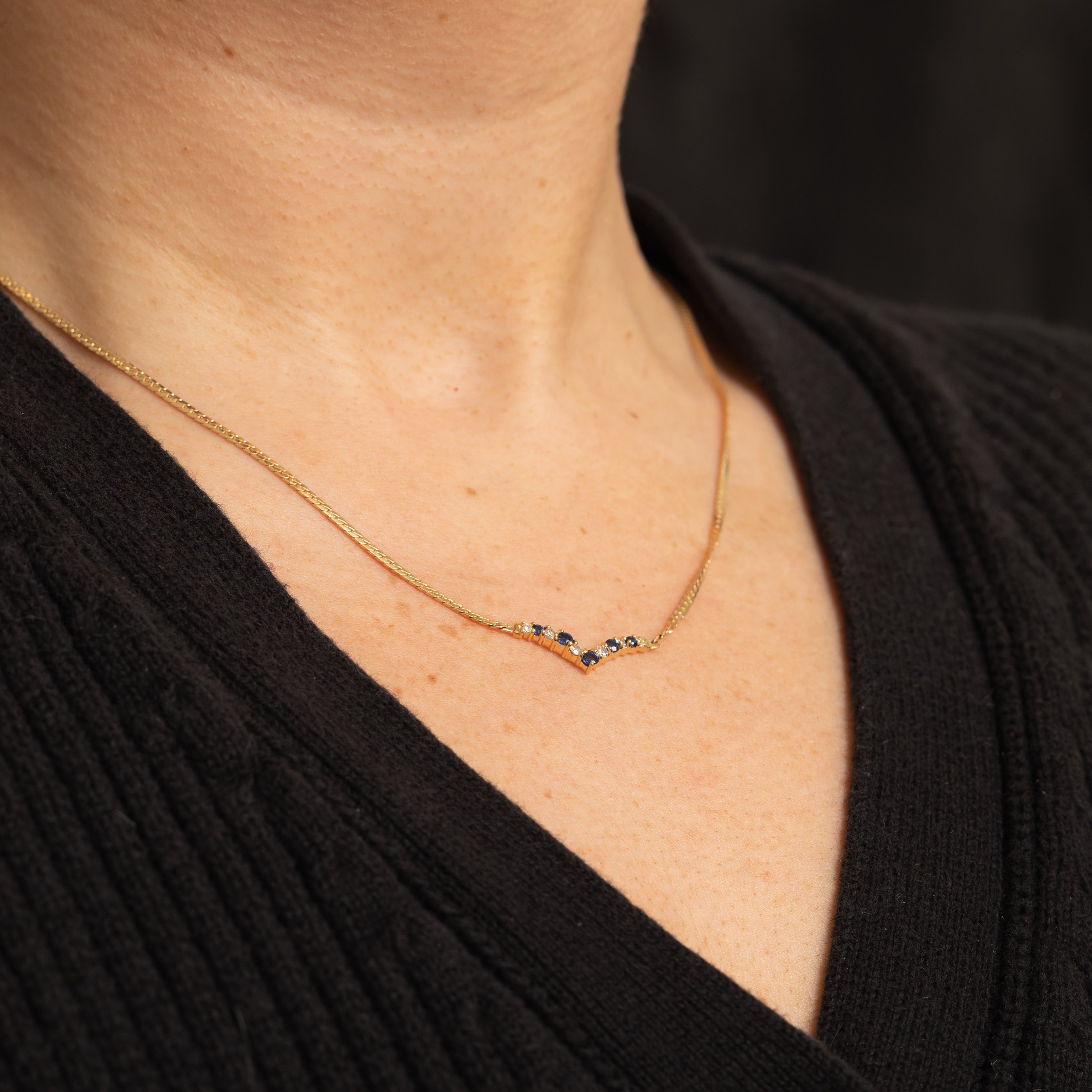 Sapphire & Diamond Chevron Pendant Necklace | 0.2ctw, 0.16ctw | 16" |