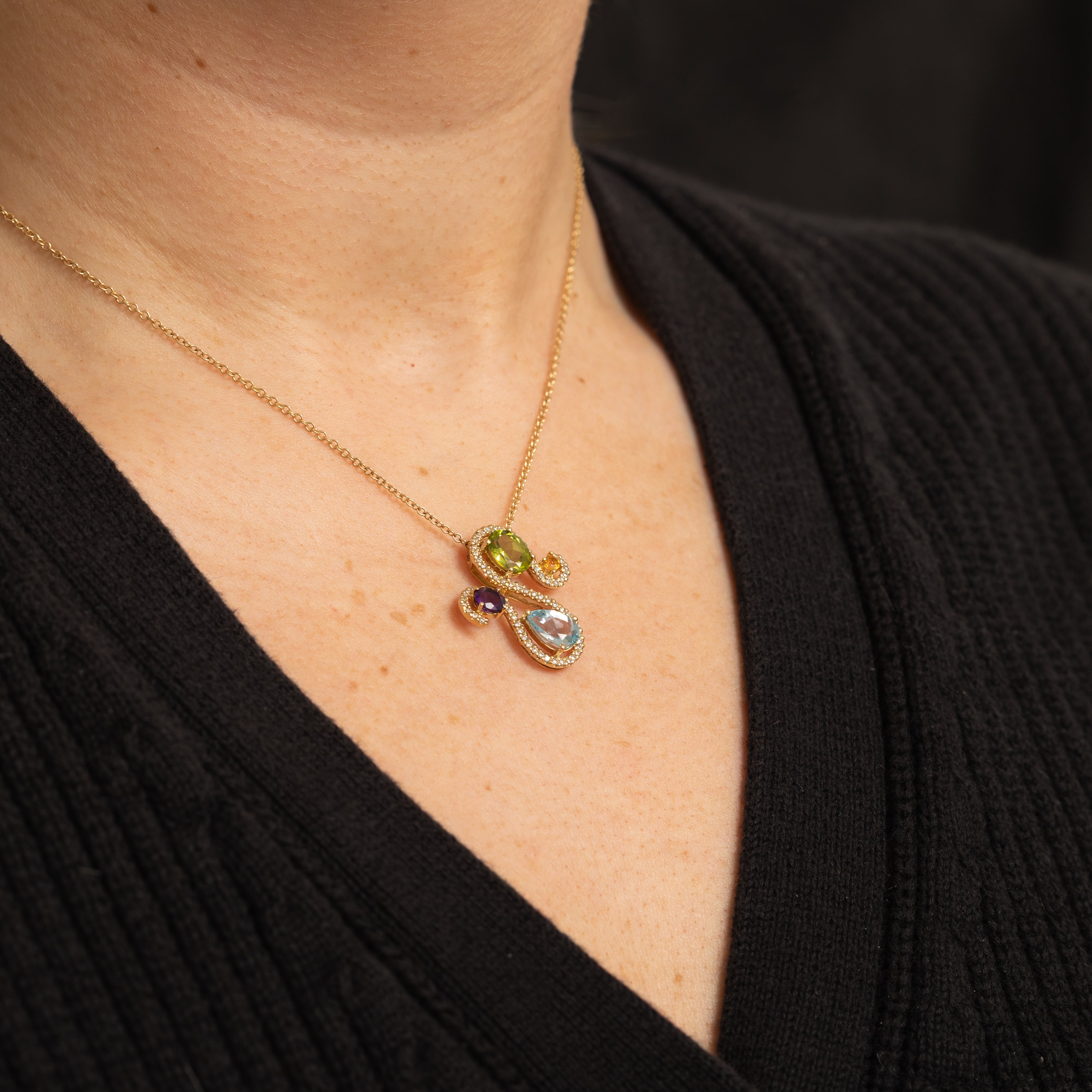 Multi Gem & Diamond Swirl Pendant Necklace | 3.0ctw, 0.35ctw | 16" |