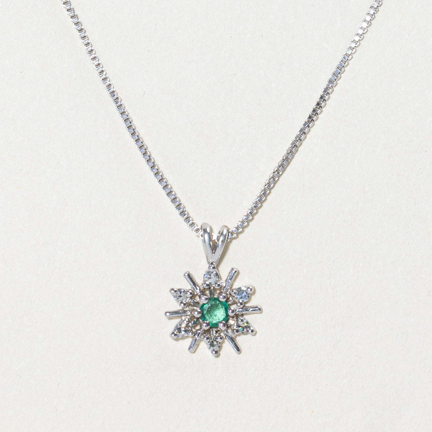 White Gold Emerald & Diamond Pendant Necklace | 0.08ct, 0.09ctw | 16"