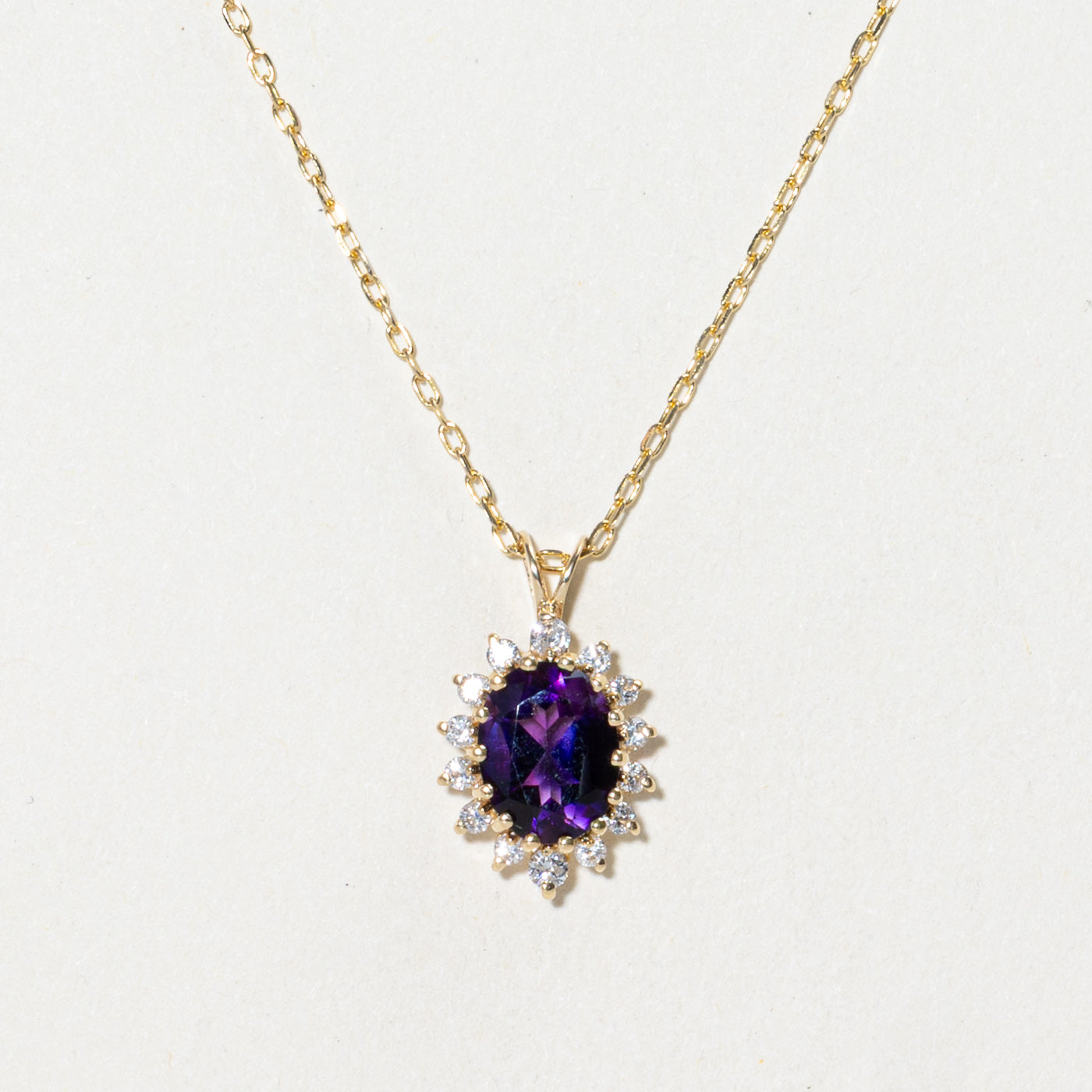 Oval Cut Amethyst & Diamond Petal Halo Pendant Necklace | 1.52ct, 0.16ctw | 20"