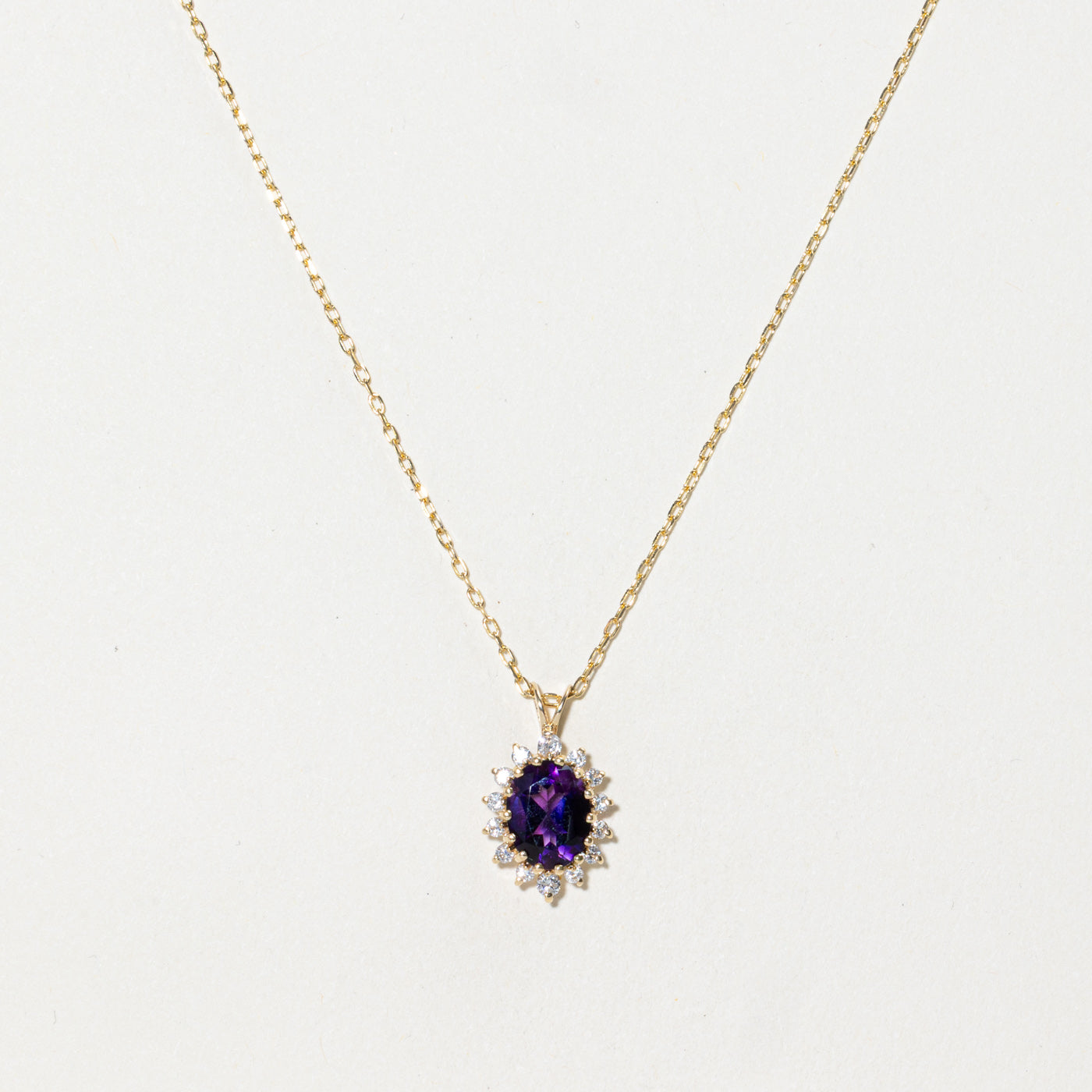 Oval Cut Amethyst & Diamond Petal Halo Pendant Necklace | 1.52ct, 0.16ctw | 20"