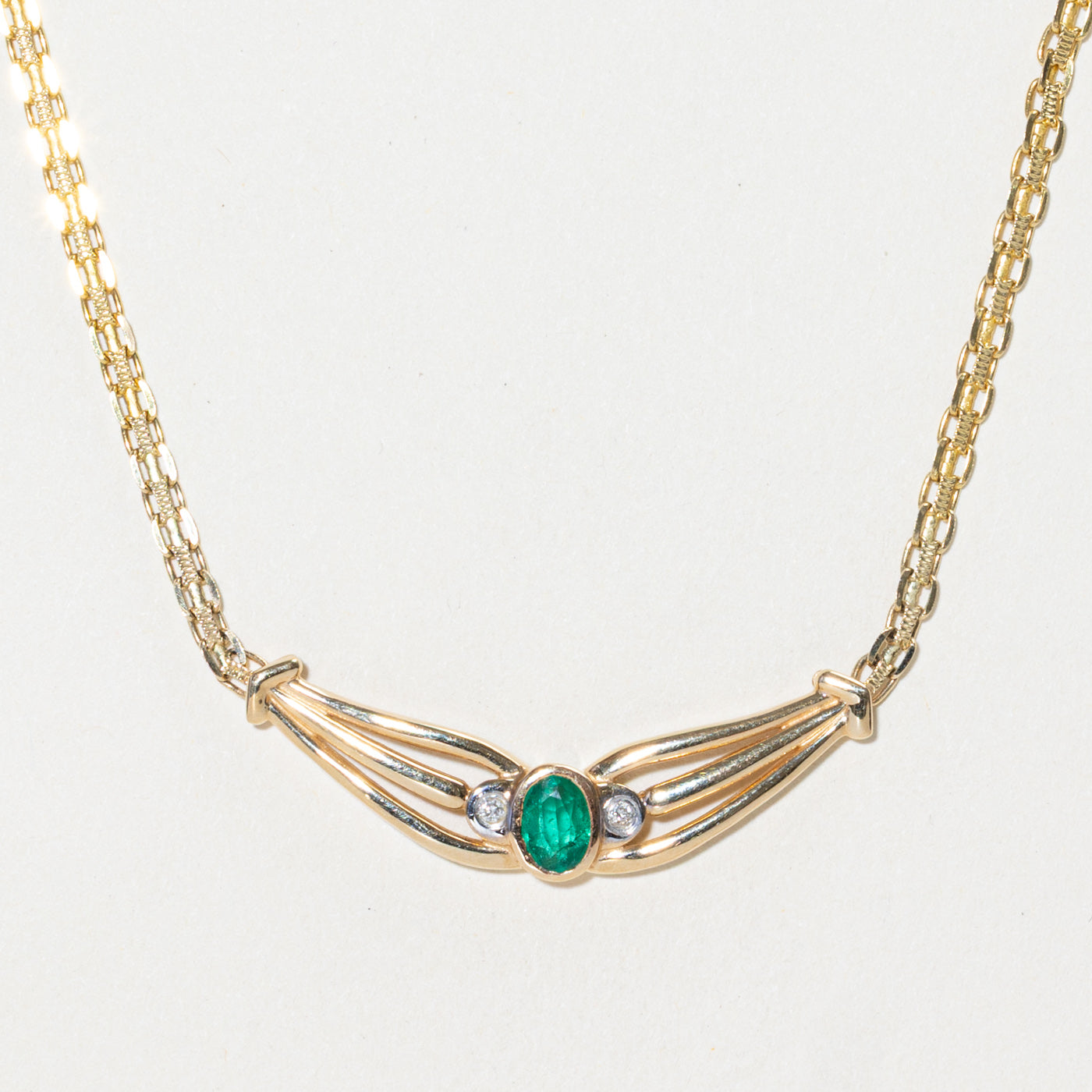 Bezel Set Emerald & Diamond Pendant Necklace | 0.33ct, 0.06ct | 16"