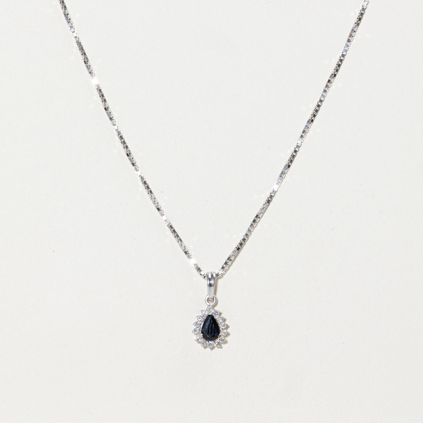 18k Pear Cut Sapphire & Diamond Halo Pendant Necklace | 0.50ct, 0.14ctw | 16"