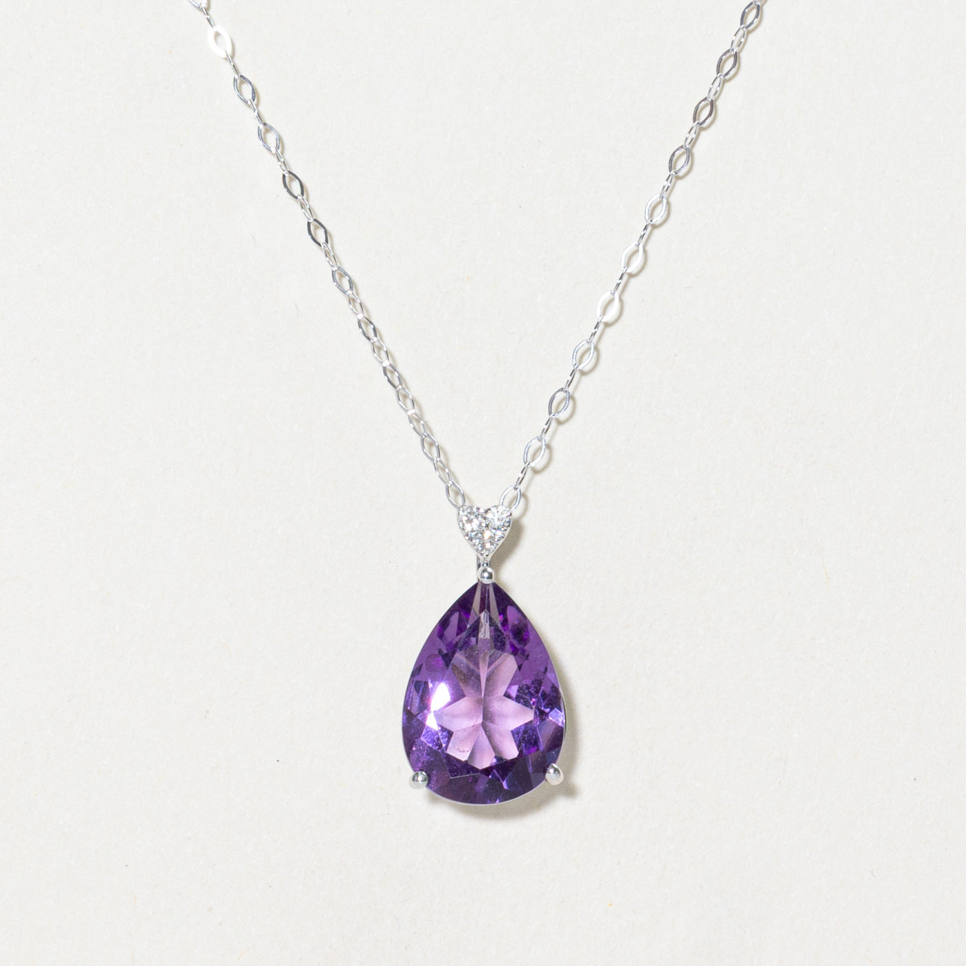 18k Pear Cut Amethyst & Diamond Pendant Necklace | 4.33ct, 0.05ct | 18"