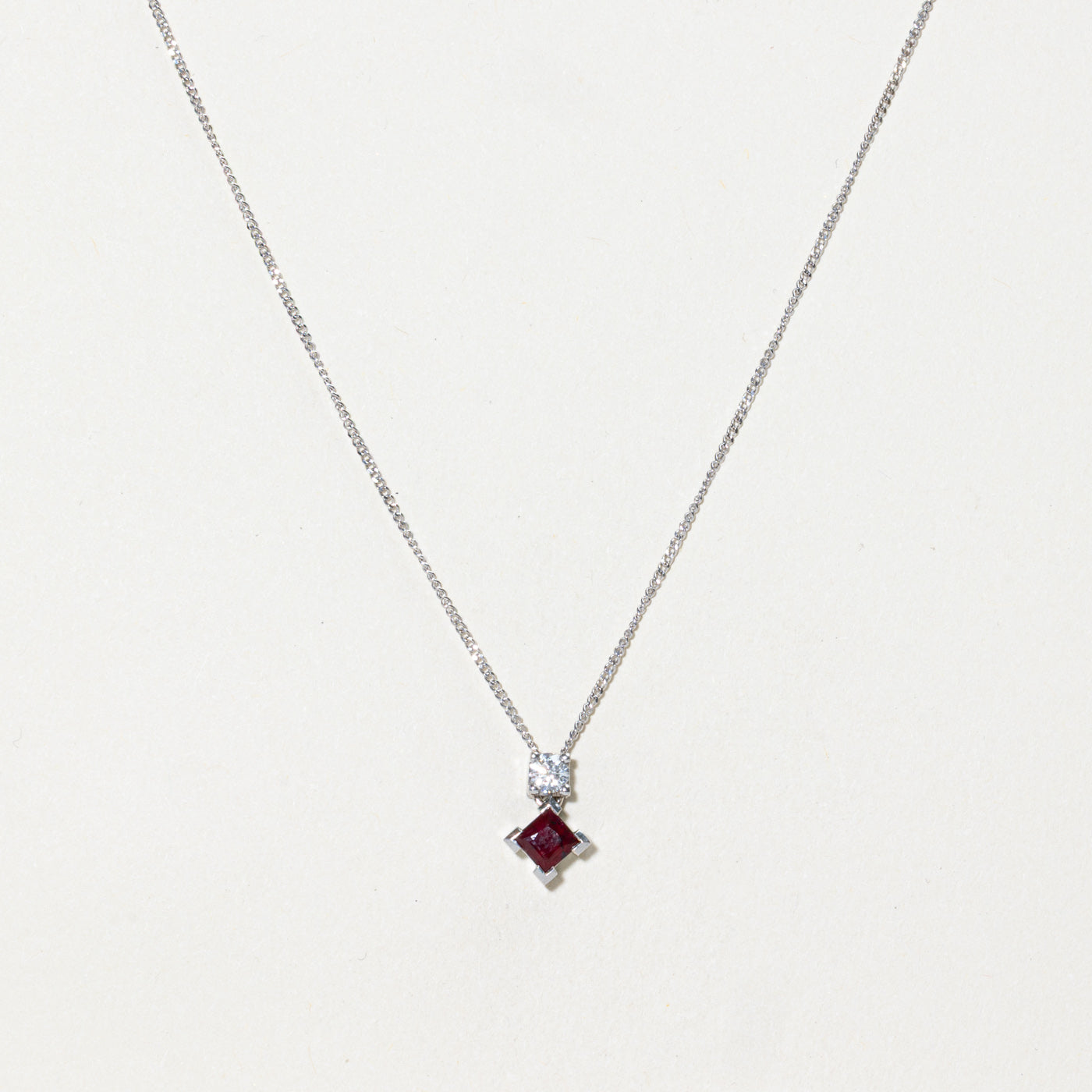18k Basket Set Princess Cut Ruby & Diamond Pendant Necklace | 0.34ct, 0.14ct | 20"