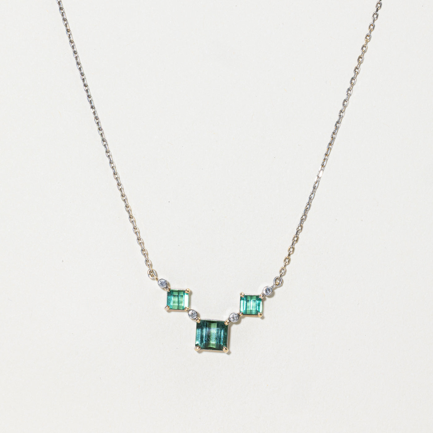 18k Three Stone Tourmaline & Diamond Pendant Necklace | 2.90ctw, 0.04ct | 17"