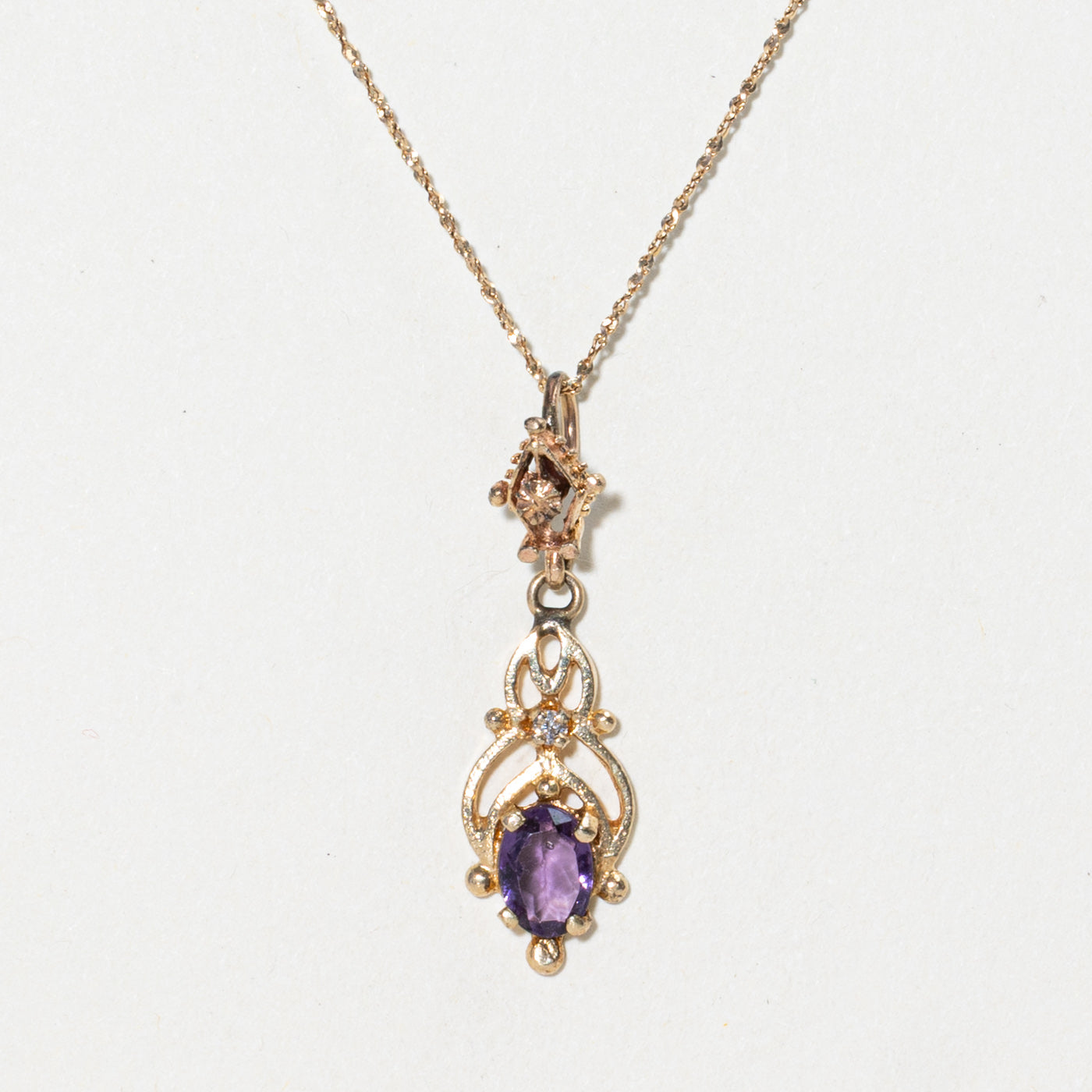 Purple Glass & Diamond Ornate Drop Pendant Necklace | 0.70ct, 0.03ct | 16"