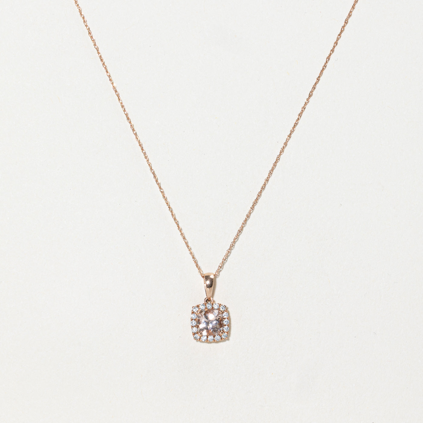Cushion Cut Morganite & Diamond Halo Pendant Necklace | 0.90ct, 0.08ctw | 18"