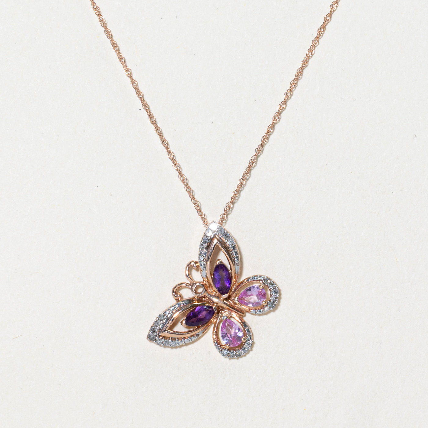 Synthetic Sapphire, Amethyst & Diamond Butterfly Pendant Necklace | 0.34ctw, 0.18ctw | 18"