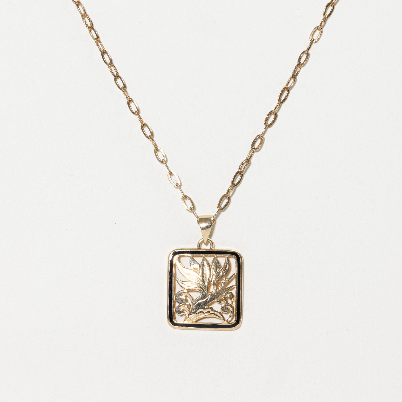 Engraved Floral Black Enamel Framed Pendant Necklace | 20"