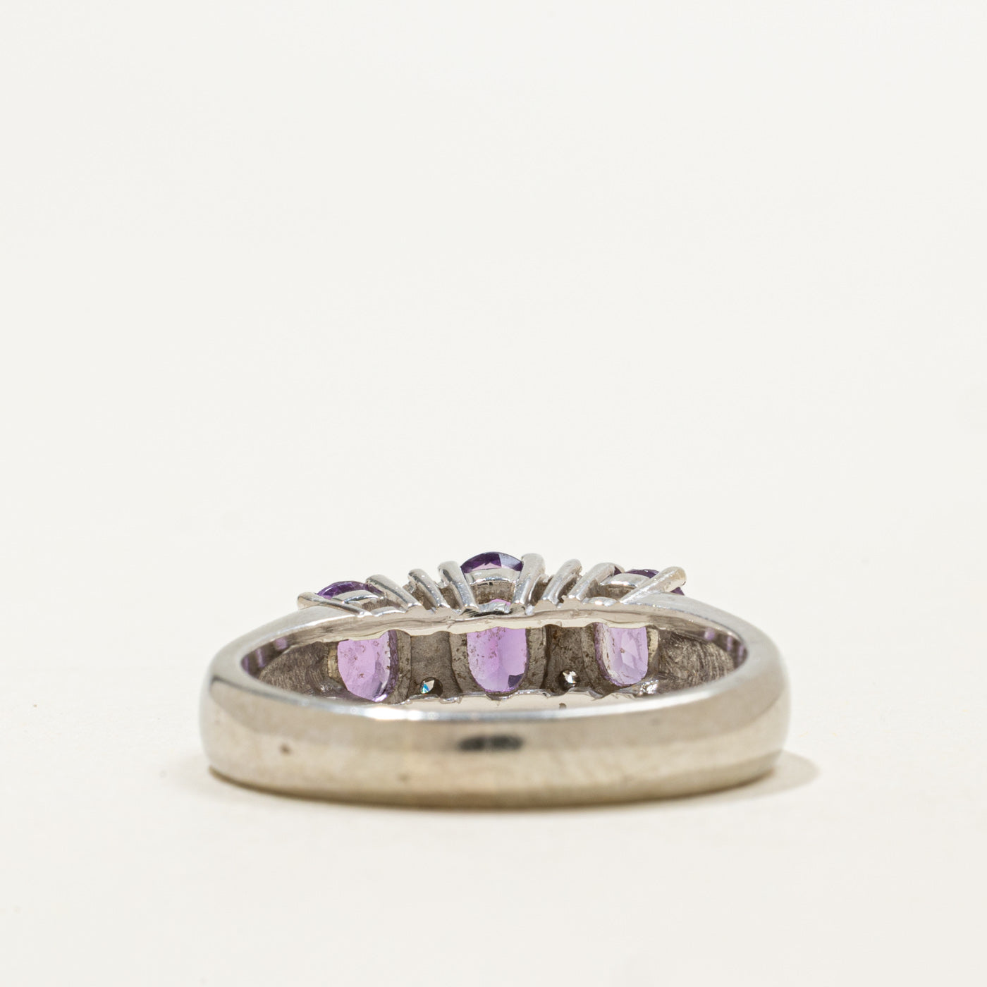 14K Three Stone Oval Cut Amethyst & Diamond Ring | 1.00ctw, 0.04ctw | SZ 7.0