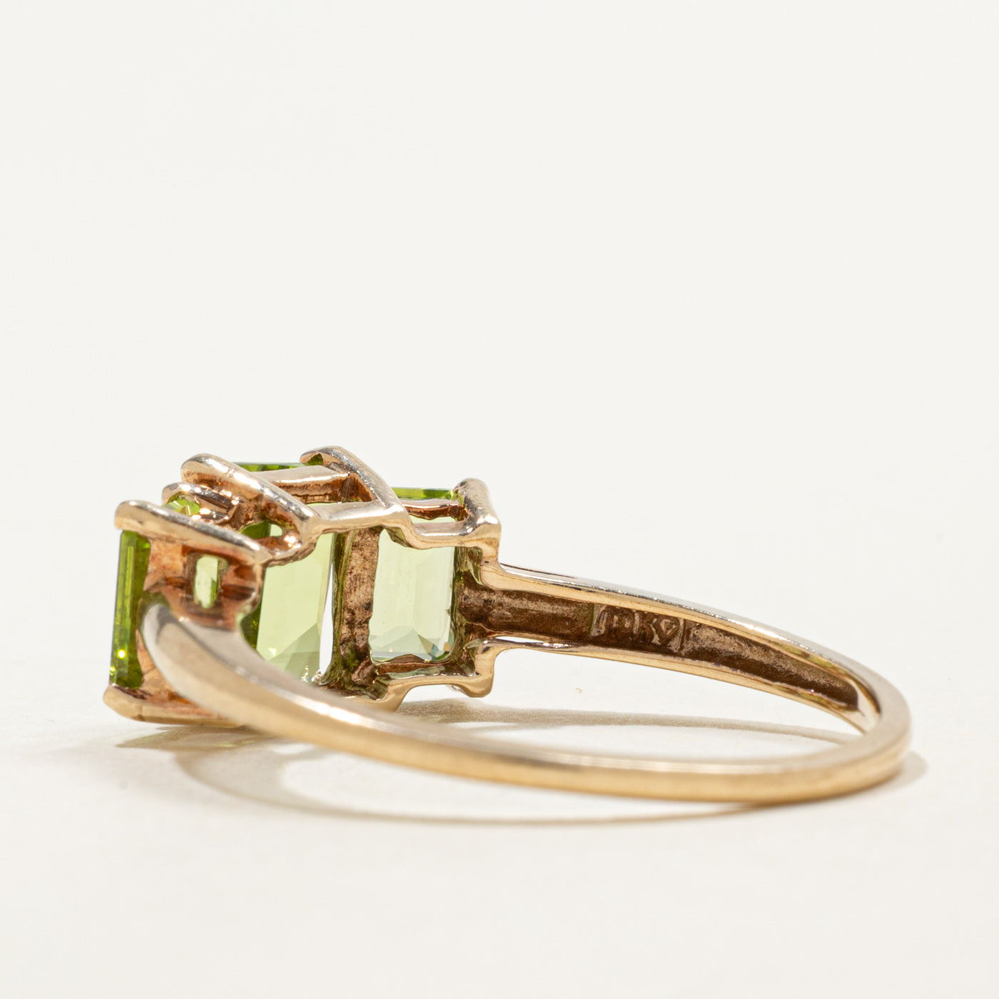 10K Three Stone Emerald Cut Peridot Ring | 2.70ctw | SZ 9.75