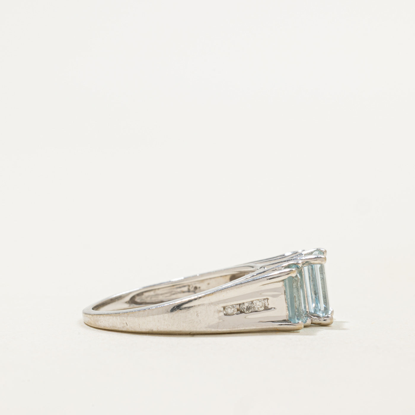 10K Three Stone Emerald Cut Aquamarine & Diamond Ring | 2.20ctw, 0.06ctw | SZ 6.75