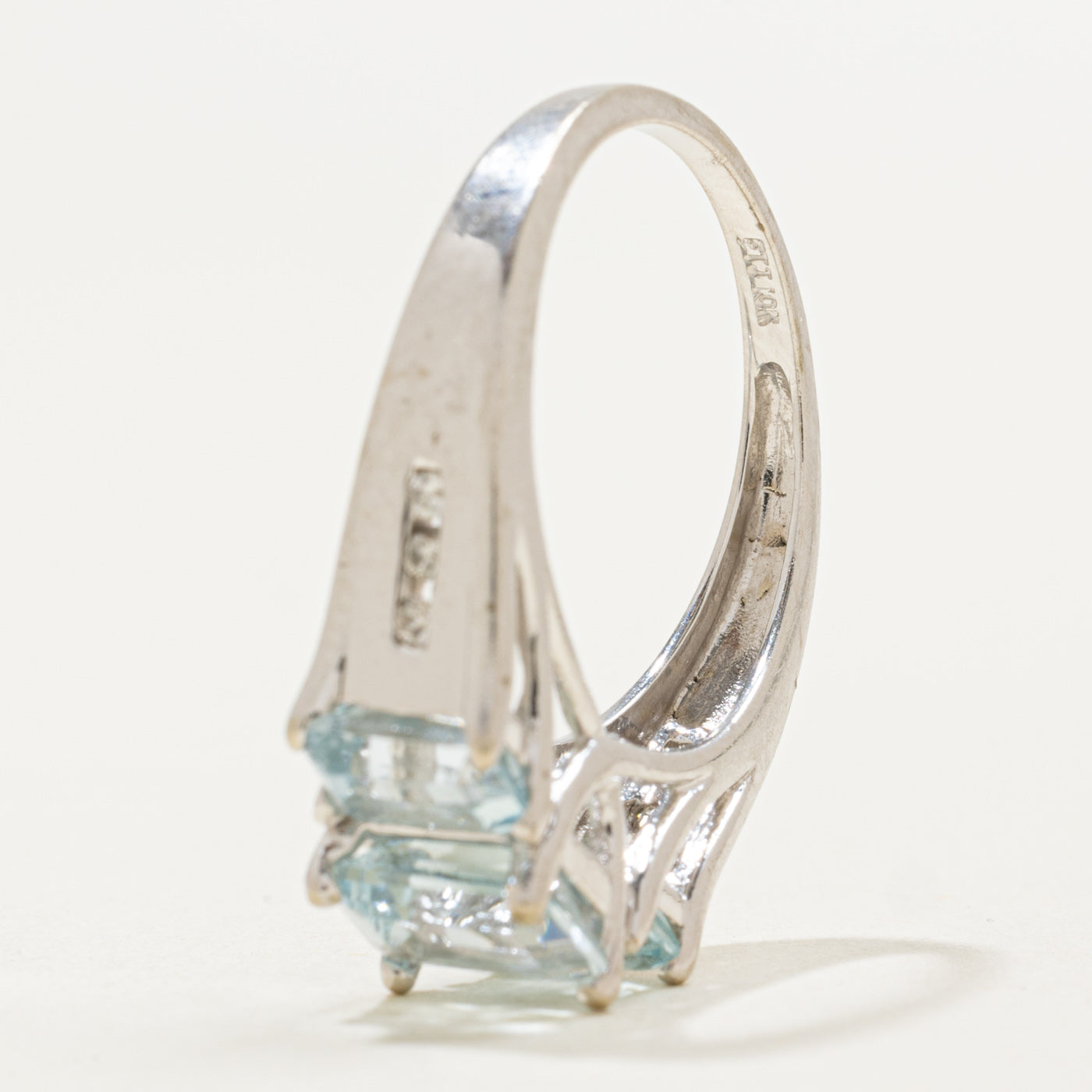10K Three Stone Emerald Cut Aquamarine & Diamond Ring | 2.20ctw, 0.06ctw | SZ 6.75