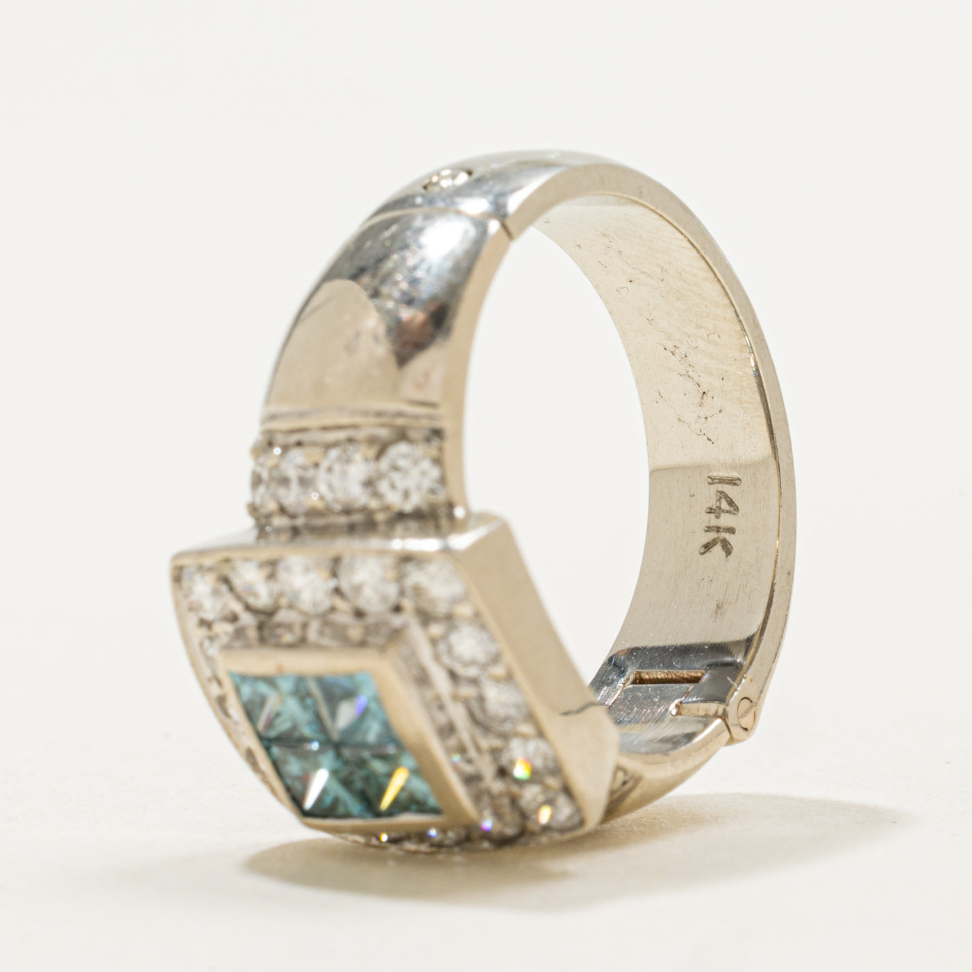 14K Blue & White Diamond Halo Hinge Ring | 1.32ctw | SZ 5.0