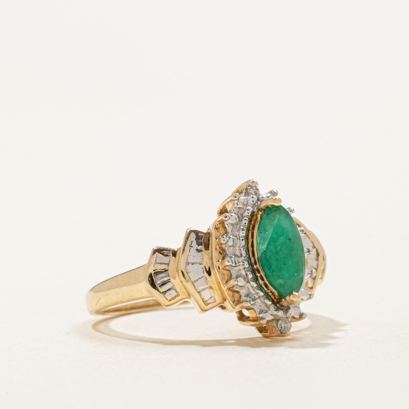 10K Marquise Cut Emerald & Diamond Accented Ring | 0.45ct, 0.02ctw | SZ 5.5