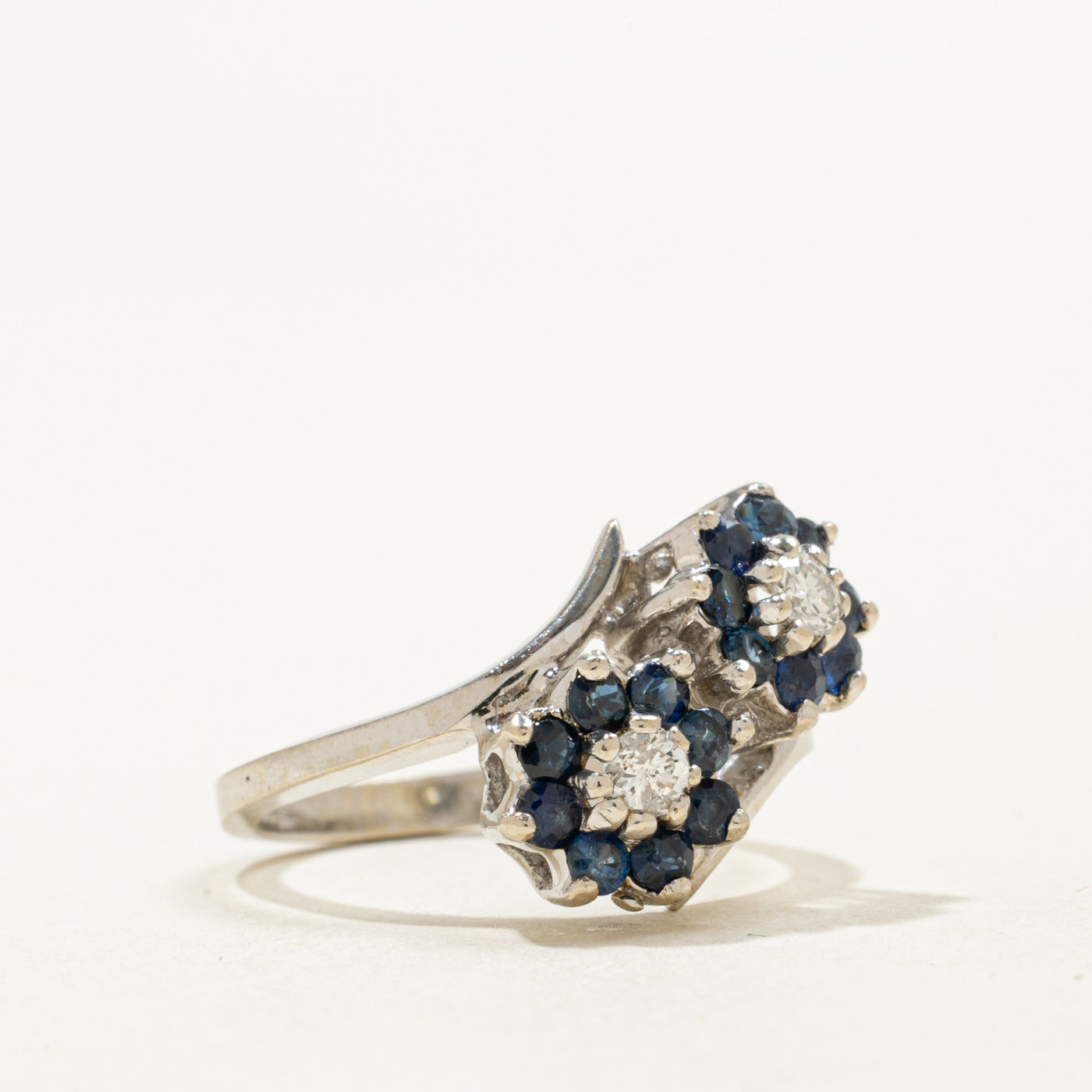 14K Sapphire & Diamond Double Floral Cluster Bypass Ring | 0.50ctw, 0.16ctw | SZ 4.75