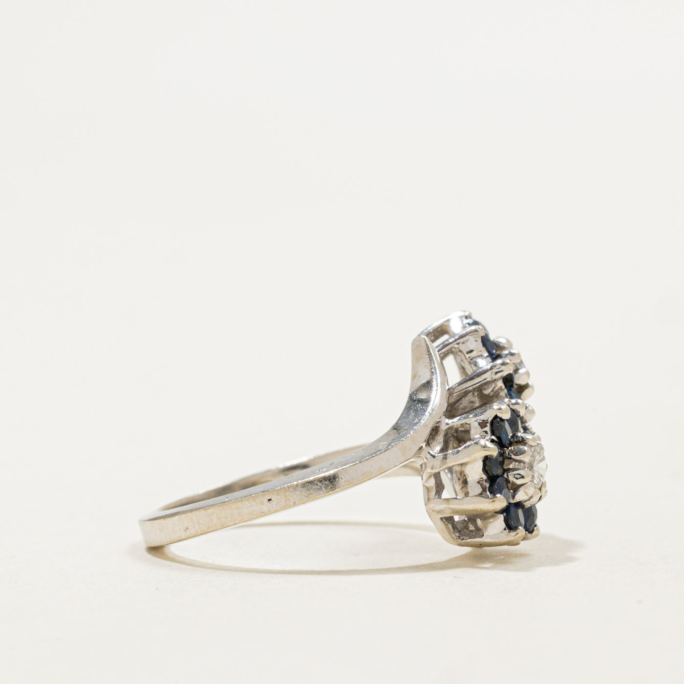 14K Sapphire & Diamond Double Floral Cluster Bypass Ring | 0.50ctw, 0.16ctw | SZ 4.75