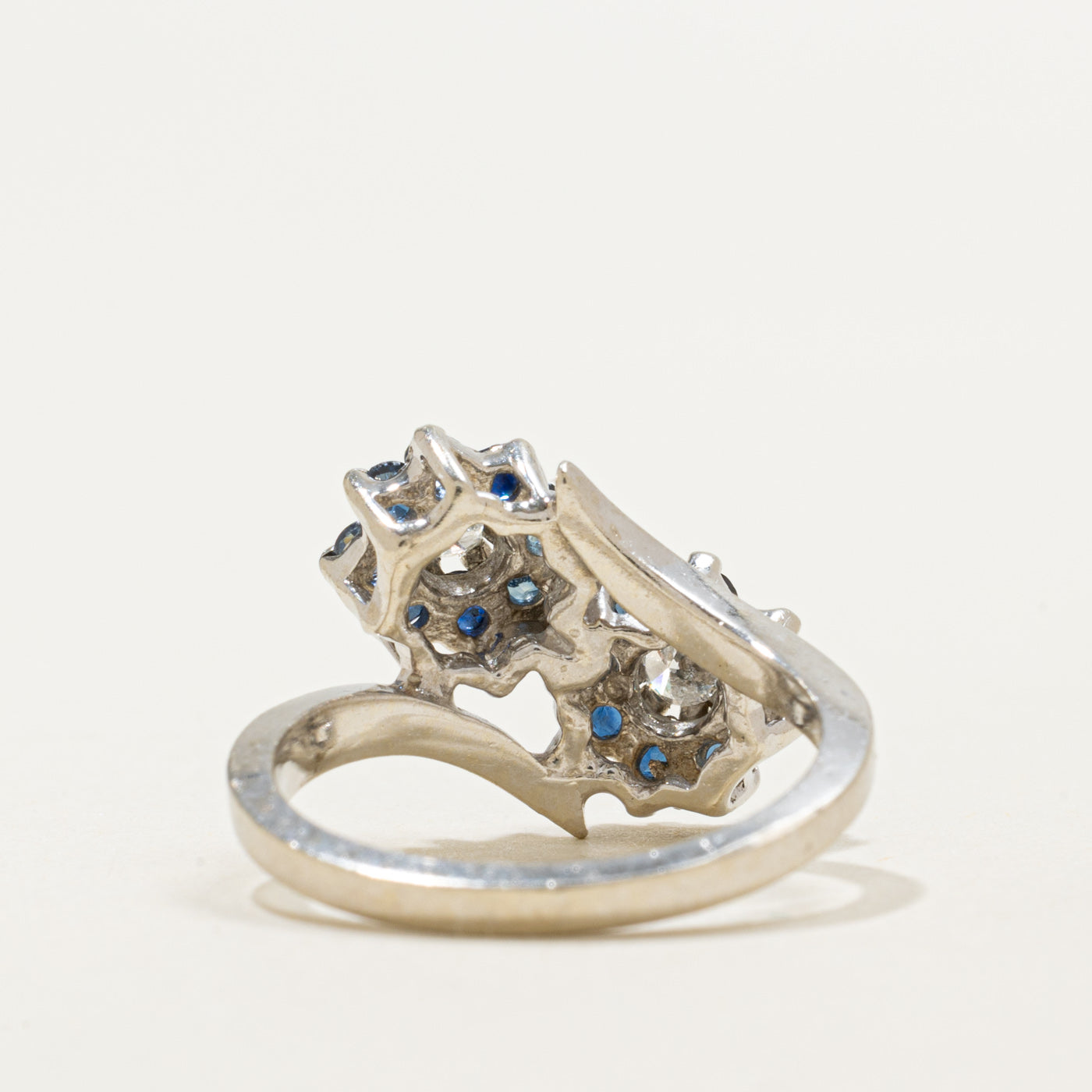 14K Sapphire & Diamond Double Floral Cluster Bypass Ring | 0.50ctw, 0.16ctw | SZ 4.75