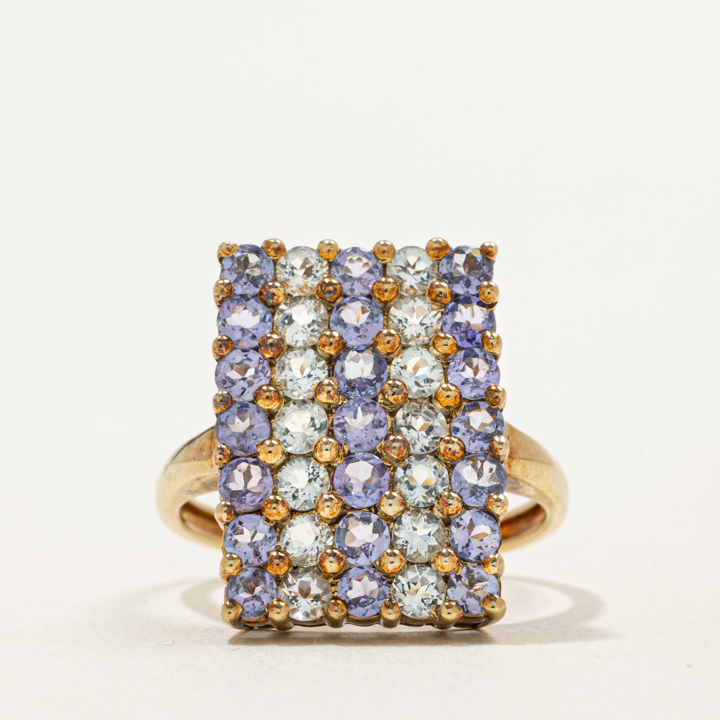 Bague cocktail en or 9 carats sertie de tanzanite et de prasiolite à plusieurs colonnes | 1,75 ct au total | Taille 7,75