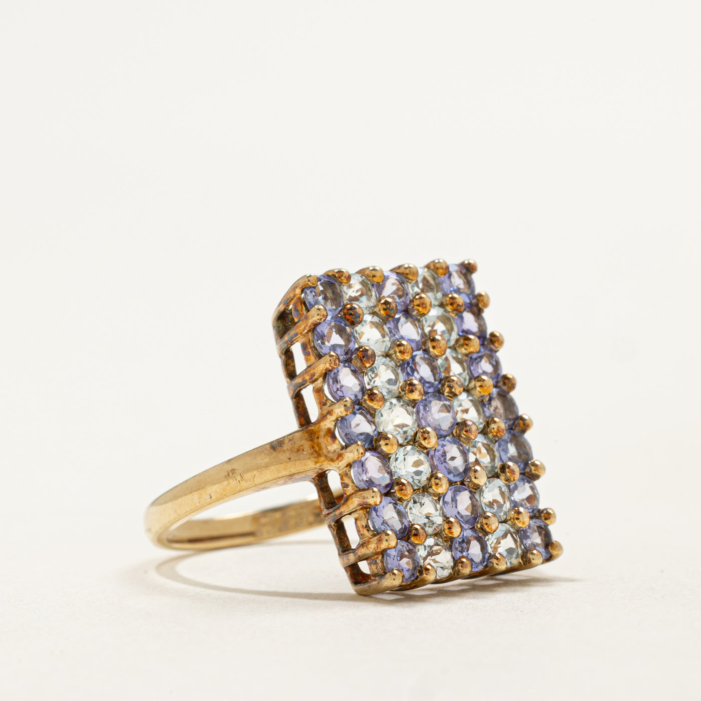 9K Multi Column Tanzanite & Prasiolite Cocktail Ring | 1.75ctw | SZ 7.75