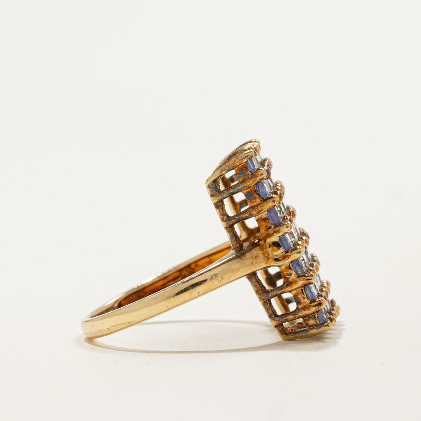 9K Multi Column Tanzanite & Prasiolite Cocktail Ring | 1.75ctw | SZ 7.75