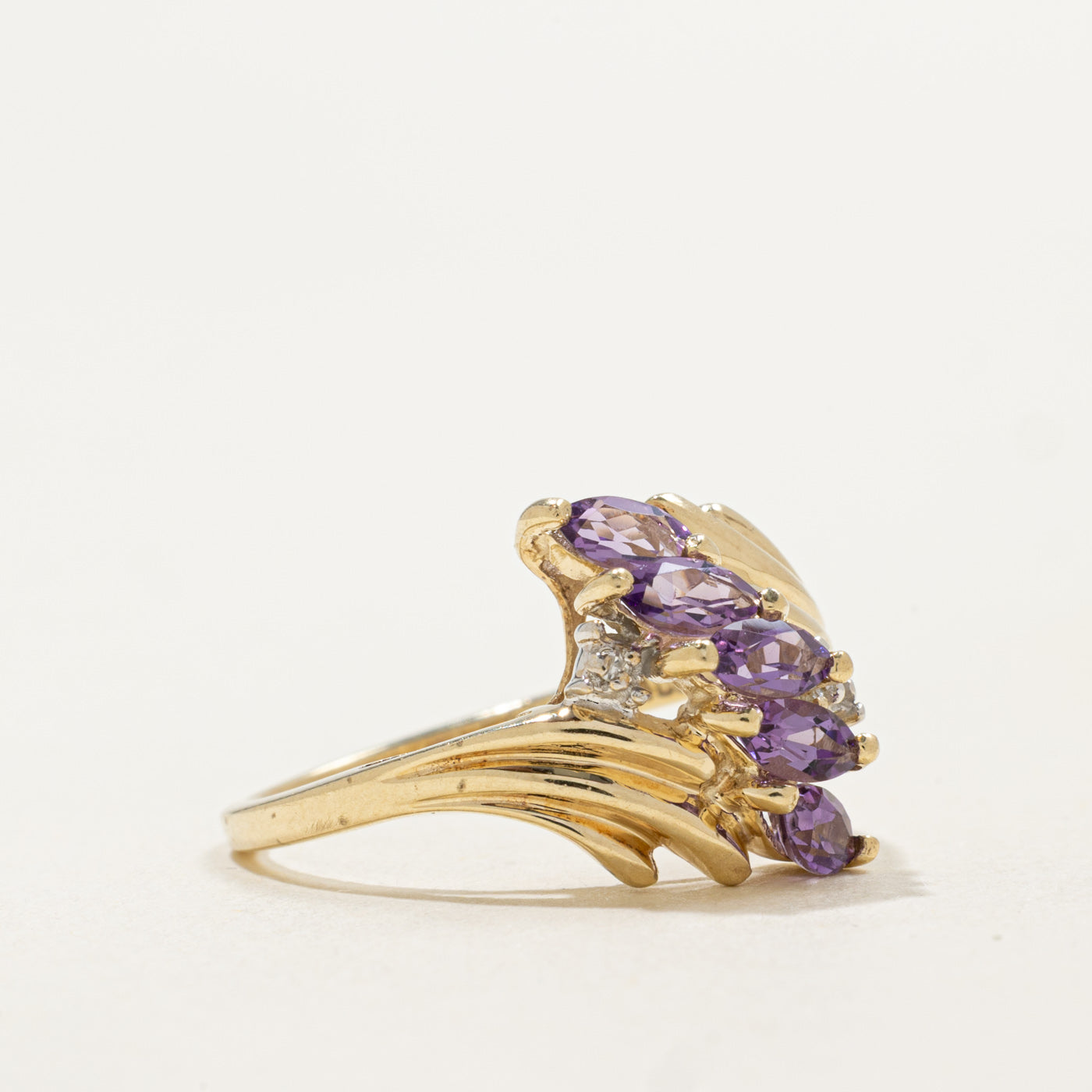 10K Marquise Cut Amethyst & Diamond Grooved Bypass Ring | 0.50ctw, 0.01ctw | SZ 5.75