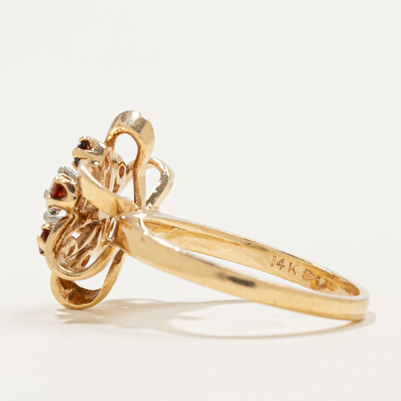 14K Diamond & Garnet Floral Ring | 0.18ct, 0.18ctw | SZ 6.0