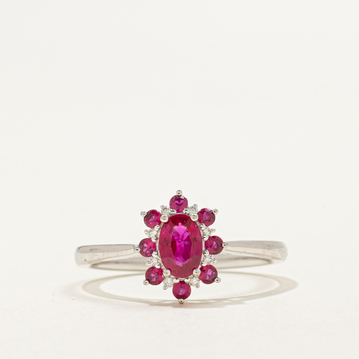 14K Synthetic Ruby & Natural Diamond Petal Halo Ring | 0.70ctw, 0.04ctw | SZ 7.0