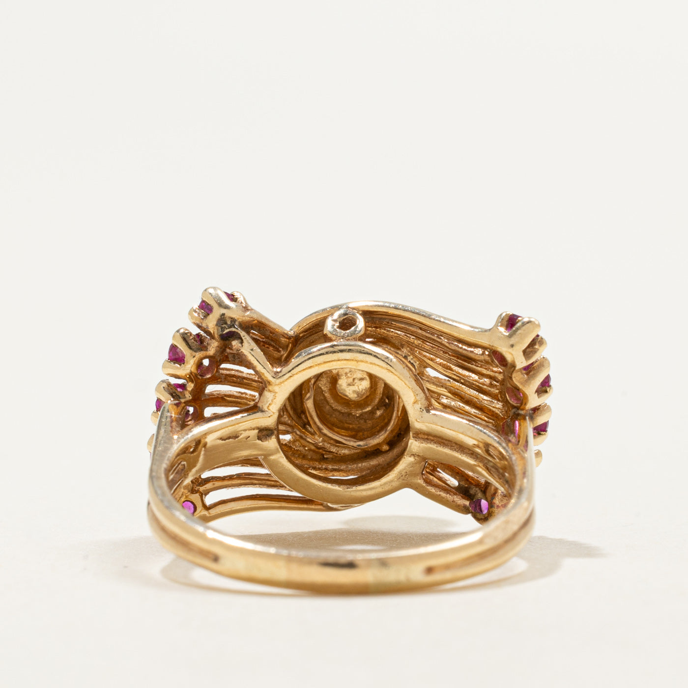 14K Synthetic Ruby & Pearl Abstract Cocktail Ring | 0.30ctw | SZ 6.0