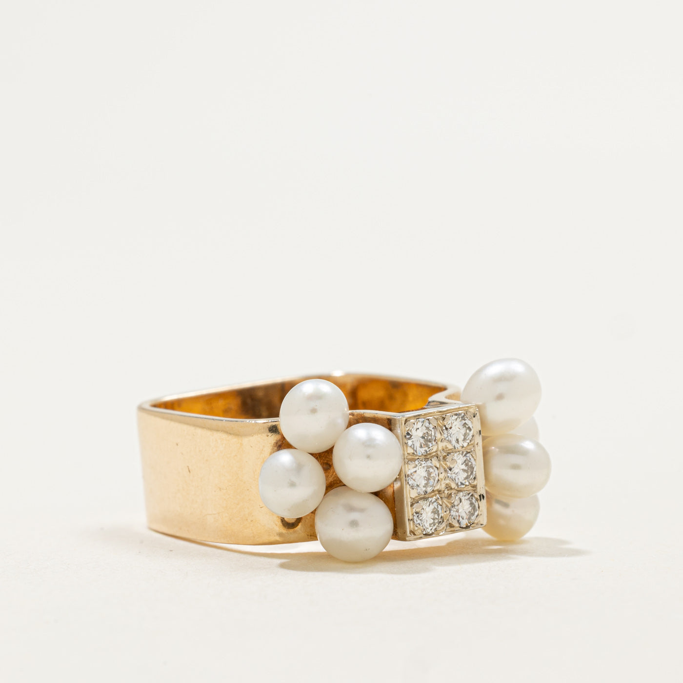 14K Diamond Grid & Pearl Cluster Cocktail Ring | 0.30ctw | SZ 6.0