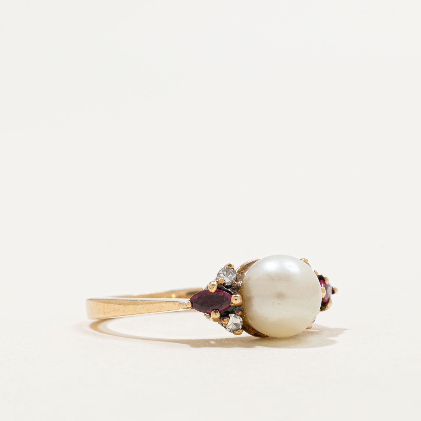 10K Pearl, Ruby & Diamond Accented Ring | 0.16ctw, 0.08ctw | SZ 5.75