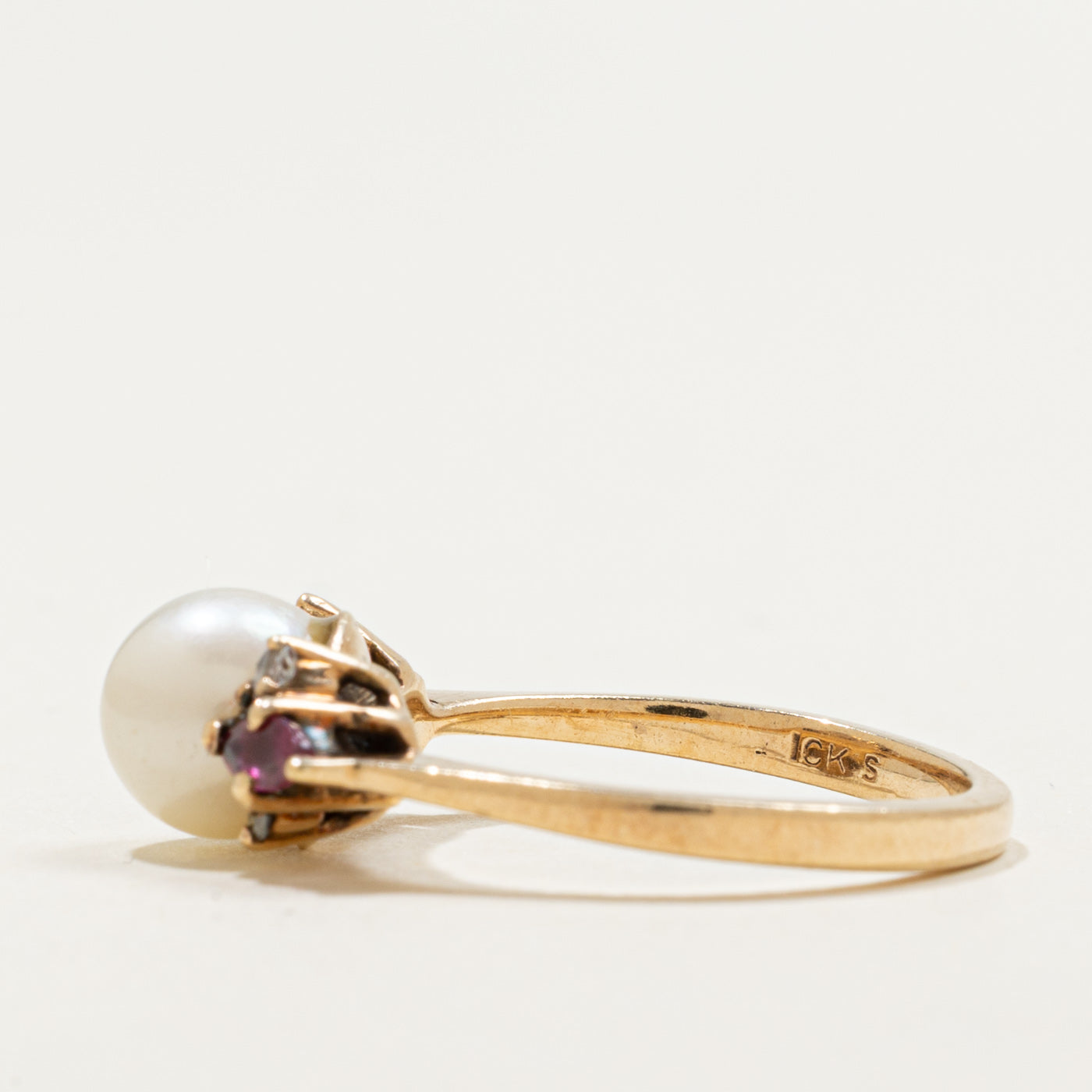 10K Pearl, Ruby & Diamond Accented Ring | 0.16ctw, 0.08ctw | SZ 5.75