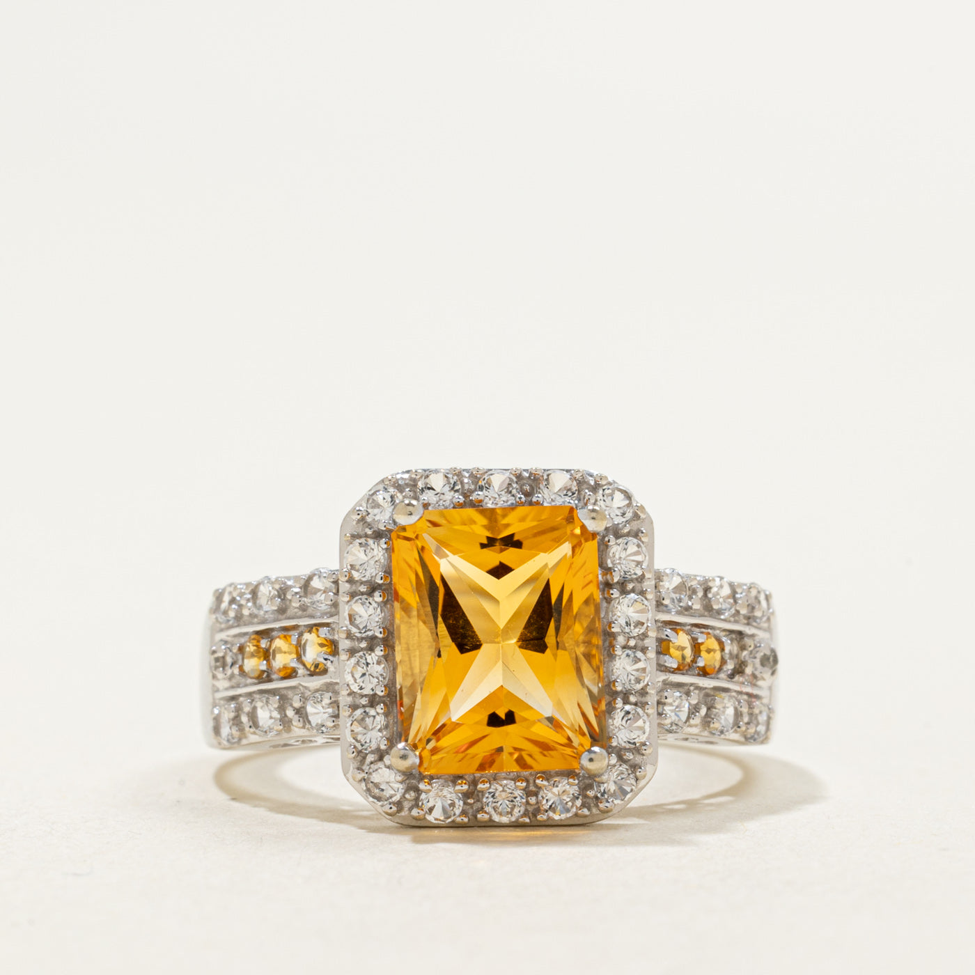 14K Radiant Cut Citrine & Synthetic Sapphire Halo Ring | 2.25ctw, 0.50ctw | SZ 7.0