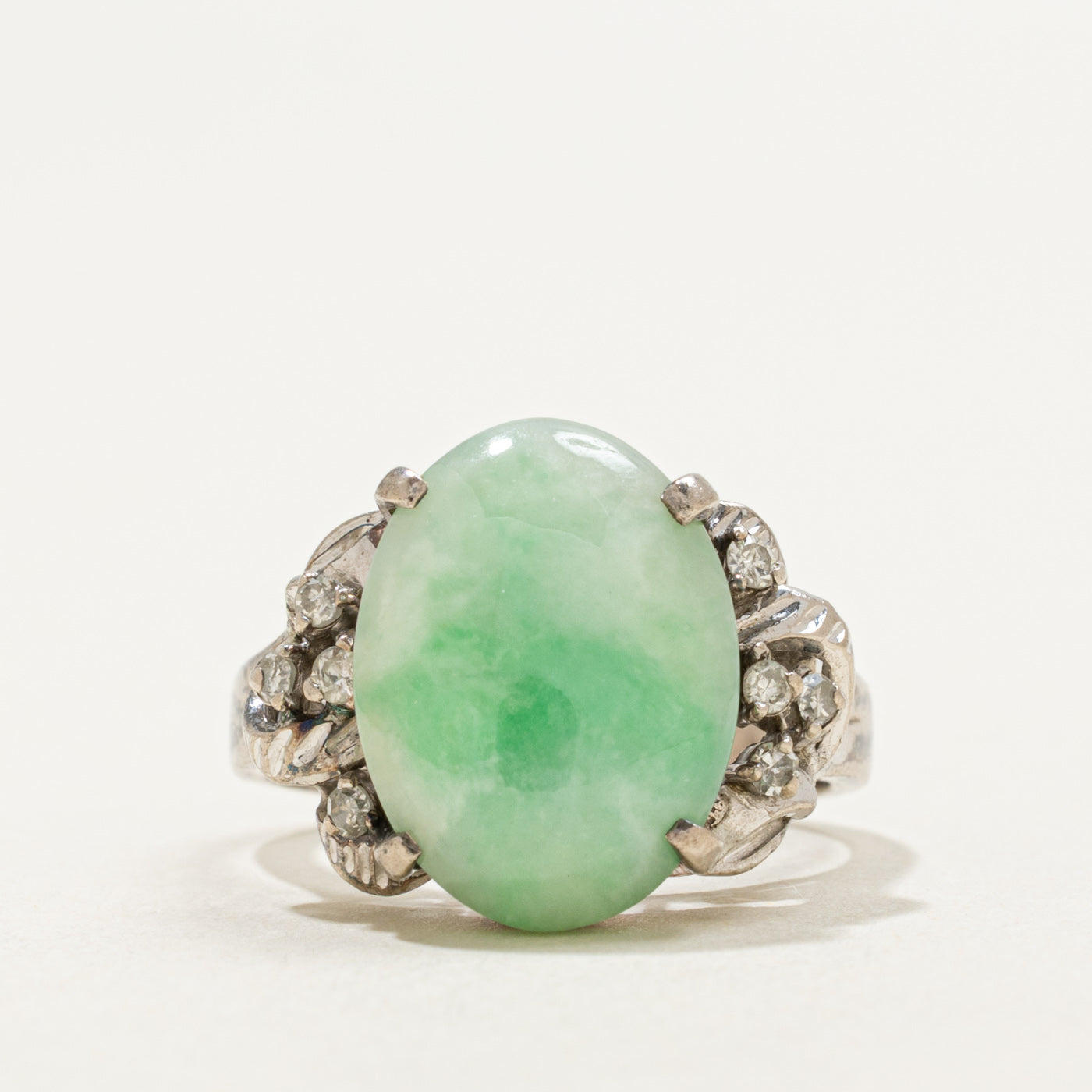 Cabochon Jade & Diamond Ornate Textured Ring | 7.50ct, 0.08ctw | SZ 5.25